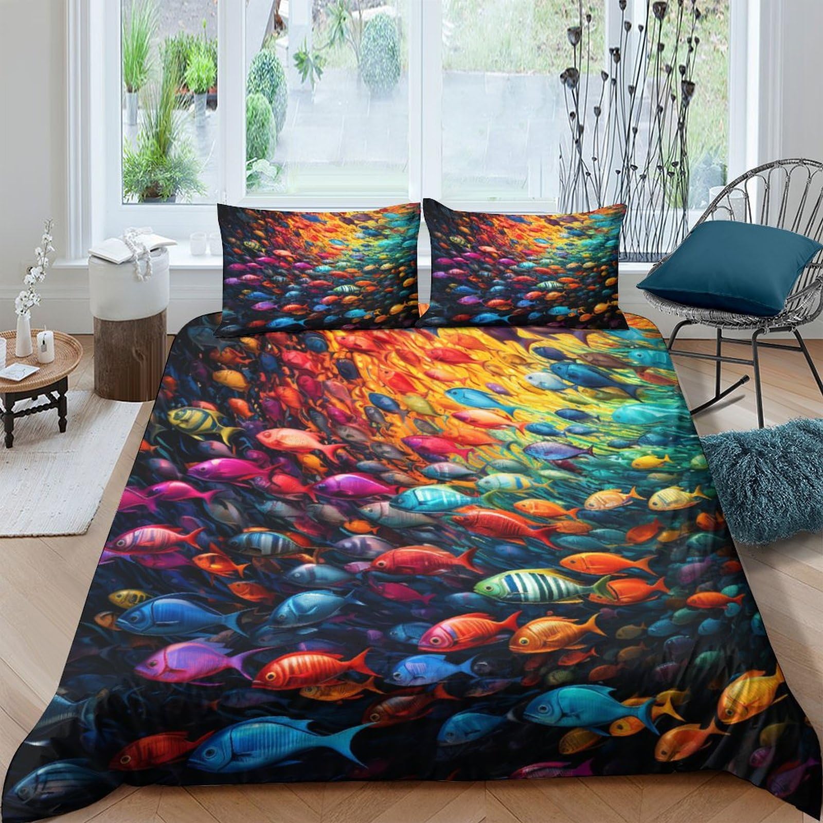 Parure de lit poisson 3D King avec housse de couette 220x240cm et taies d'oreiller en microfibre