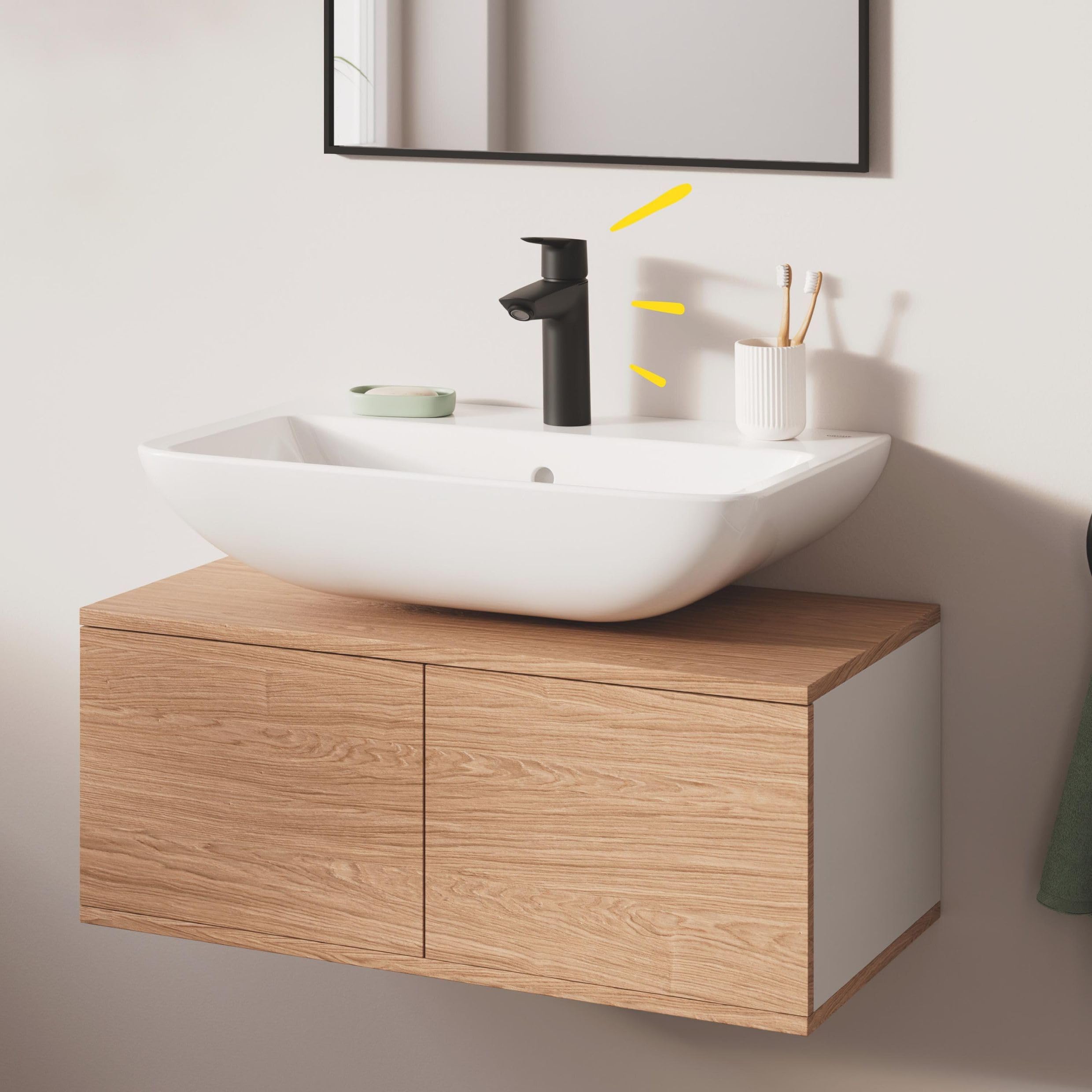 GROHE Start, Waschtischarmatur, wassersparend (Wasserhahn für das Bad, Badarmatur mit Pop-Up Ablauf, 19cm hoch, mit 3in1 Werkzeug, einfache Installation am Waschbecken), schwarz, 235752432