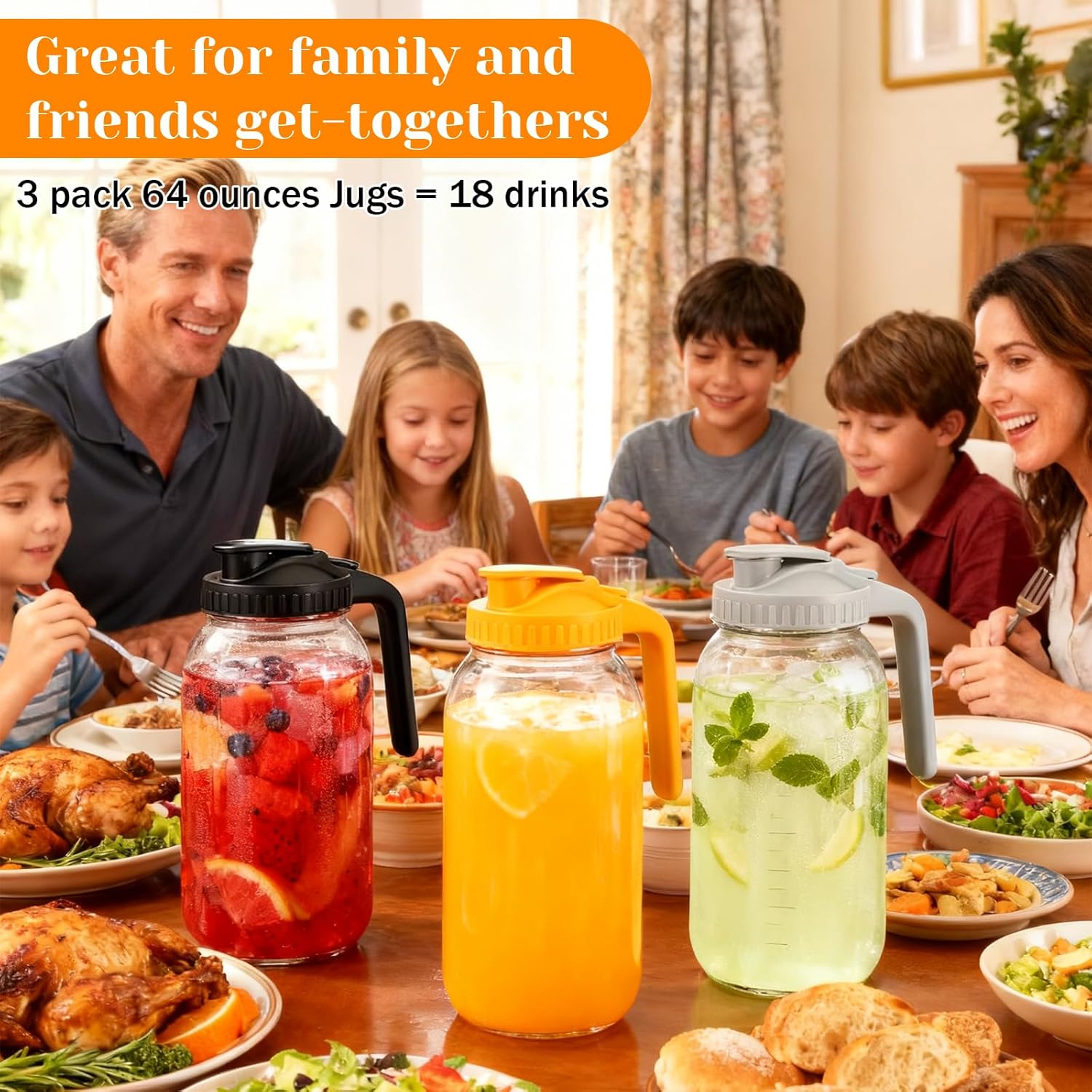 3 Pack Glass Pitchers with Lid, 64 oz Sun Tea Pitcher, Half Gallon Mason Jar Pitcher with Wide Mouth Airtight Lid for Ice Tea, Cold Brew Coffee, Fridge Water, Milk, Juices, Leak Proof Water Jug - Image 7