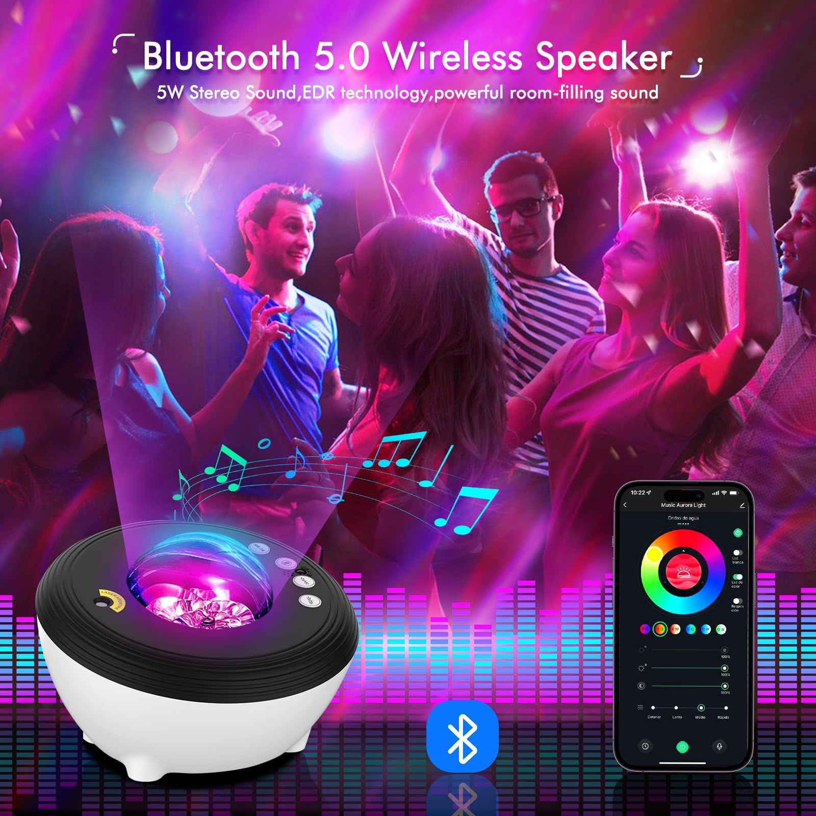 Febotak Proiettore Stelle Aurora Proiettore Planetarium Galassie Luce Nottura Altoparlante Musica, 8 Suoni Ambientali & Melodie, Compatibile con Alexa, Controllo App/Remote/Voice, 48 Colori
