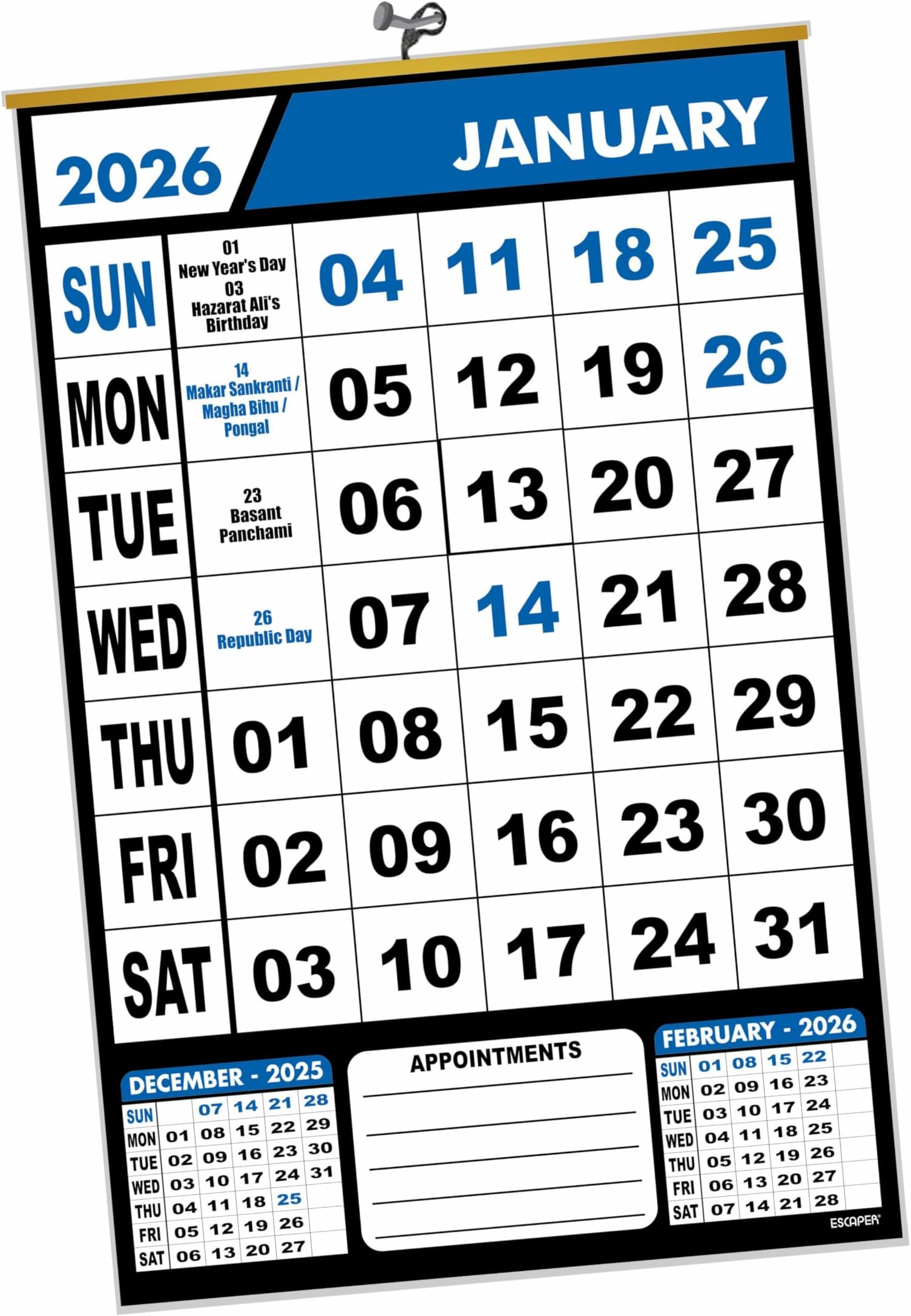 ESCAPER 2026 Wall Calendar Hanging for Home & Office Use, Monthly Planner with Indian Holidays, Large Date Blocks for Notes & Appointments, Perfect Wall Calendar for Home, School & Workplace