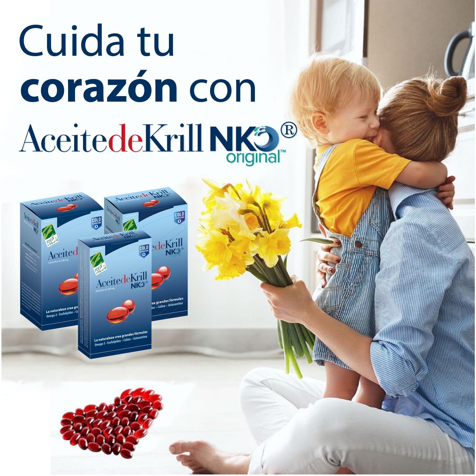 Aceite de Krill Antártico NKO 1000mg - Omega 3 EPA + DHA - 120 Perlas - Con Fosfolípidos, Colina y Astaxantina - 3 Veces Más Biodisponibilidad que Aceite de Pescado - Extracción en Frío - 100% Natural