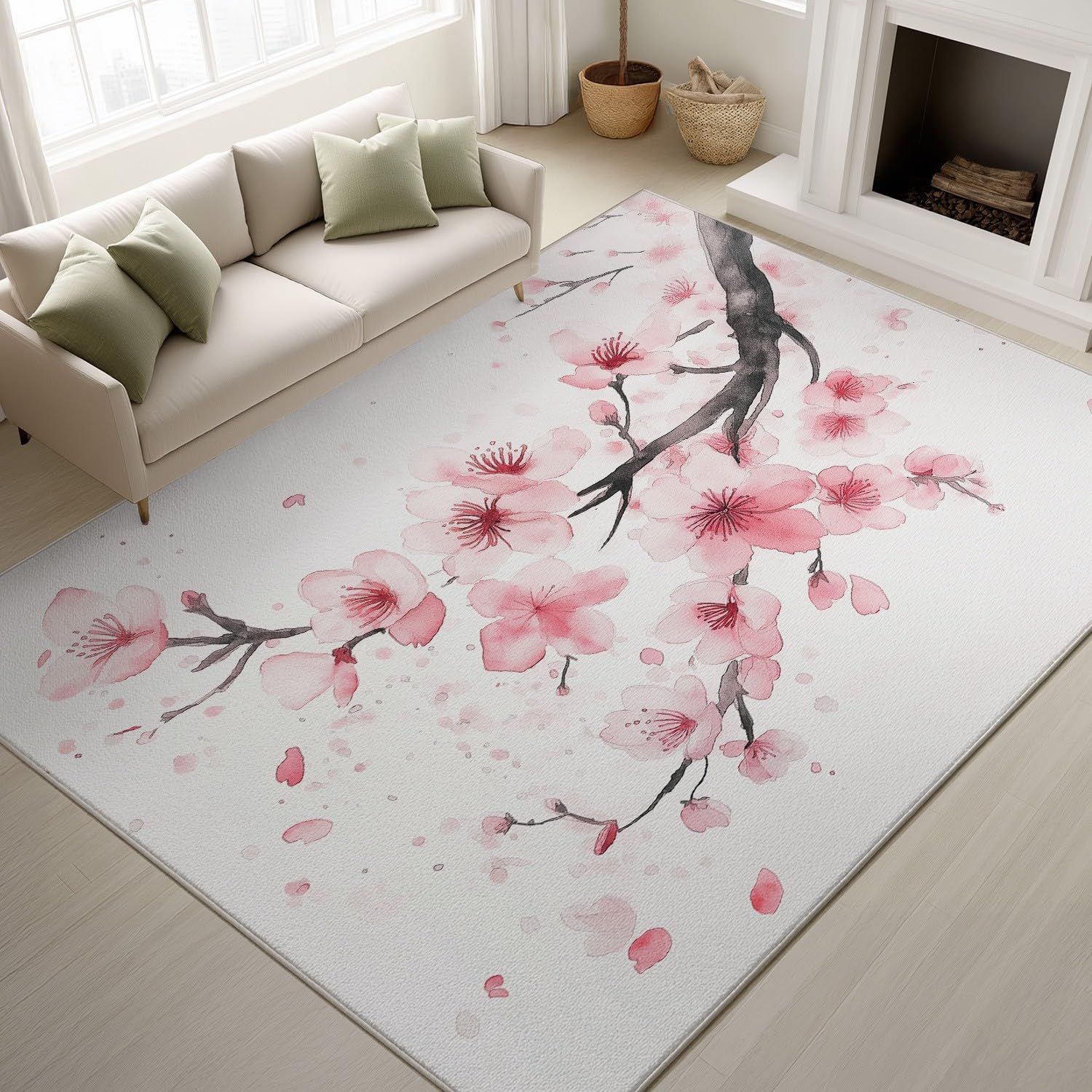 Tapis de fleur branche rose blanc antidérapant doux lavable 80x120 pour chambre et bureau