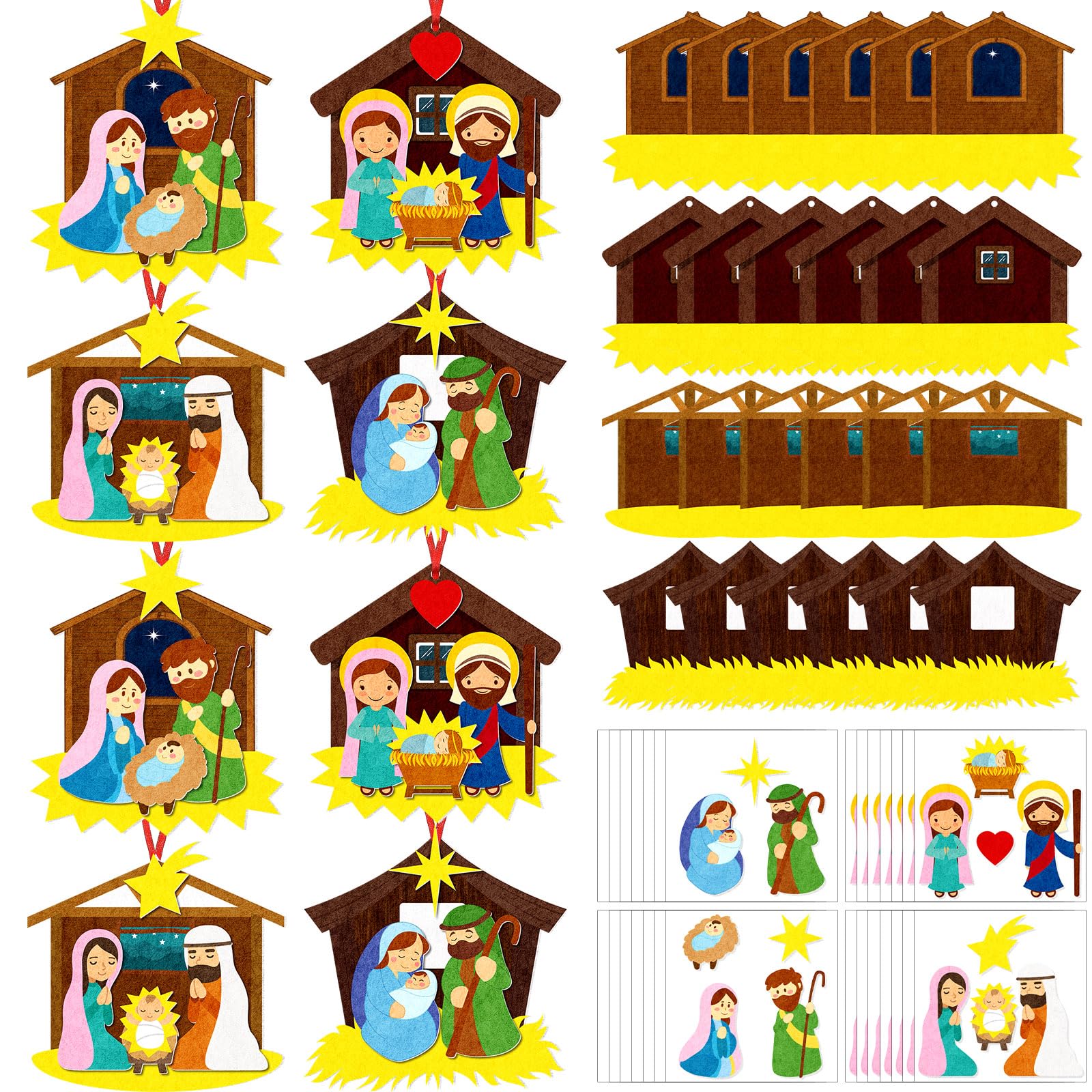 Wettarn 24 Sets Nativity Scene Felt Crafts for Kids DIY Christian Religious Nativity Scene Craft Kits Hanging Ornaments Christmas Jesus Birth Crafts Sunday School Gifts