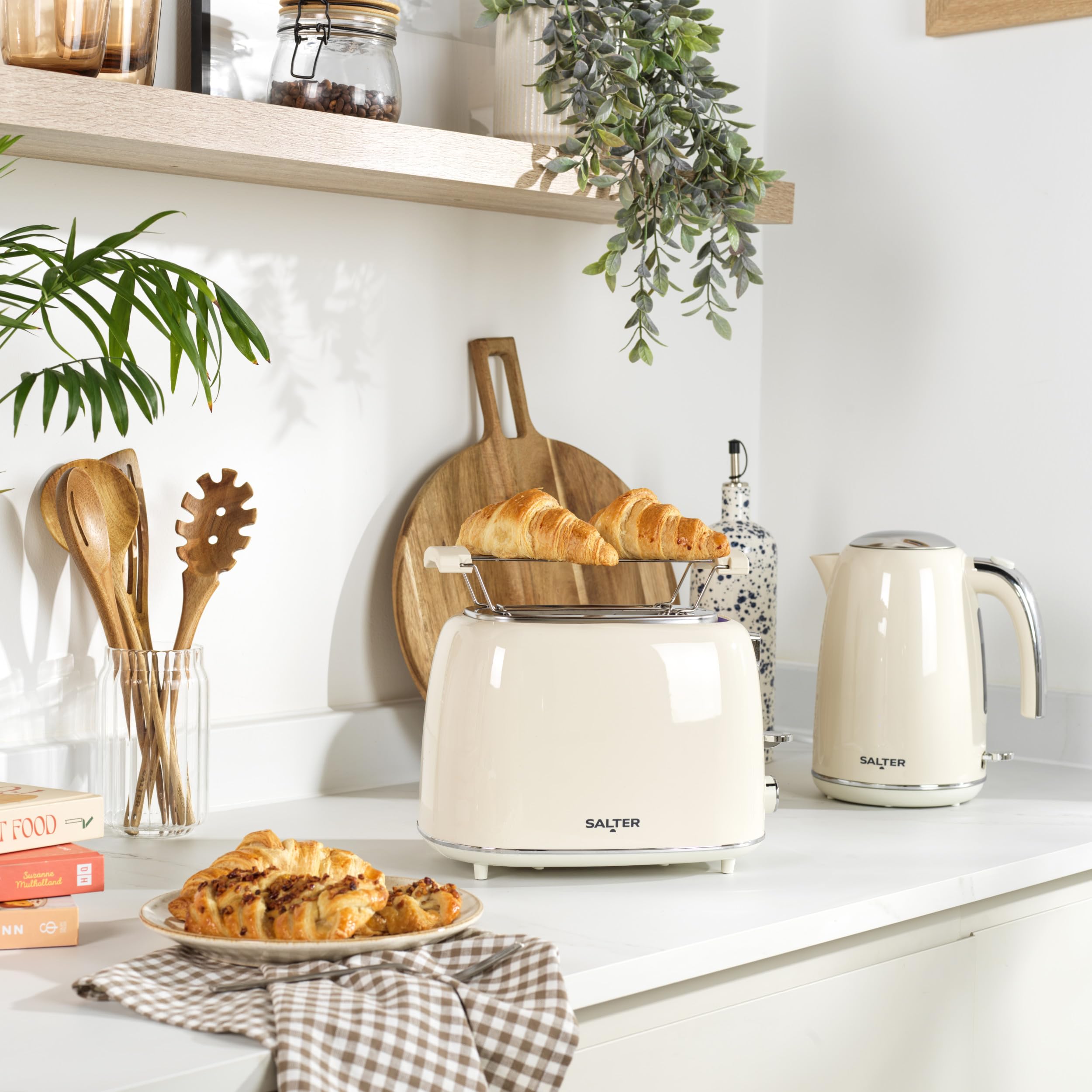 Salter Retro Cream Toster na 2 kromki - 7 poziomów opiekania, rozmrażanie, podgrzewanie i anulowanie, mechanizm wysokiego unoszenia pieczywa, wyjmowana tacka na okruchy, ruszt do podgrzewania bułek