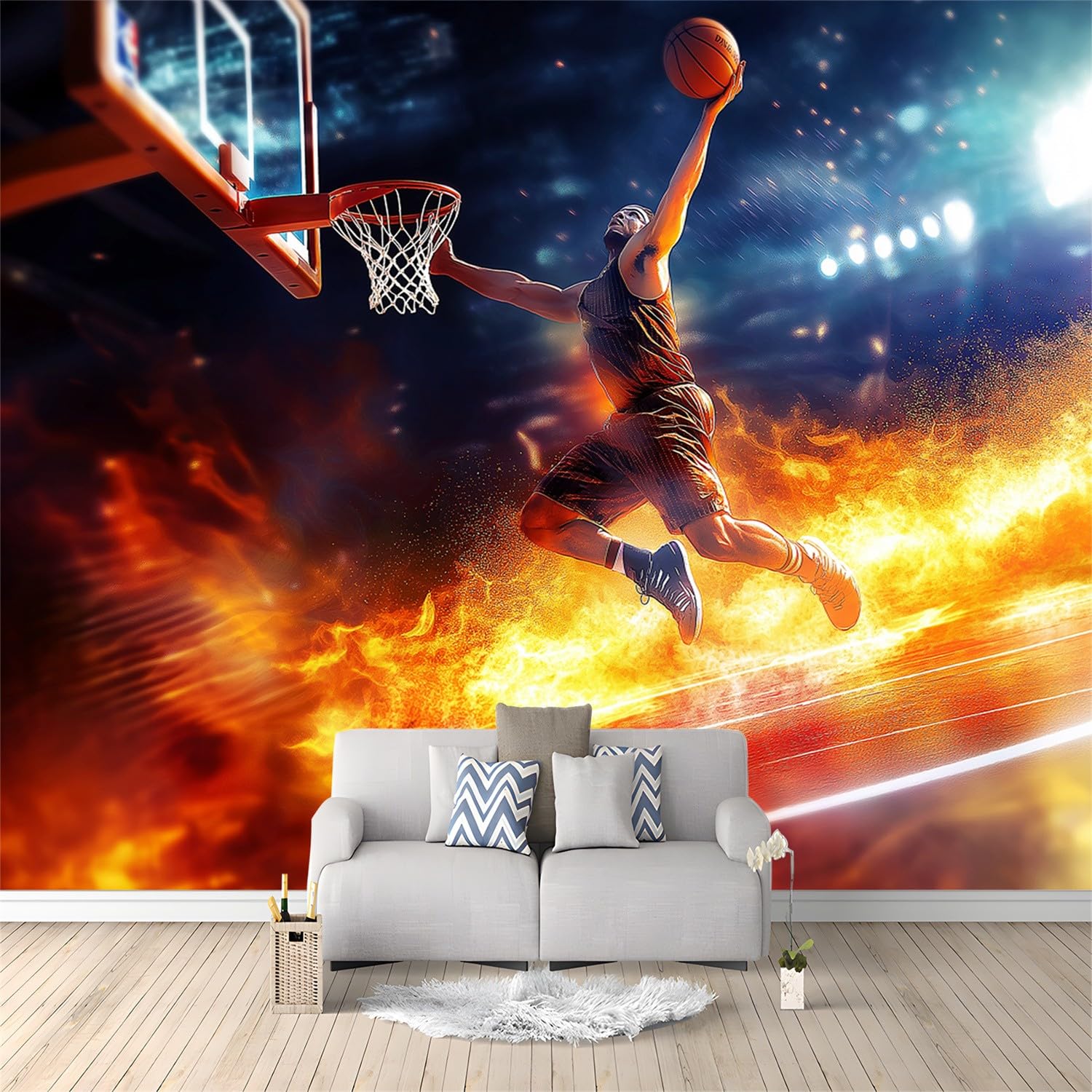 Poster photo mural personnalisé basket-ball orange bleu 350 x 256 cm