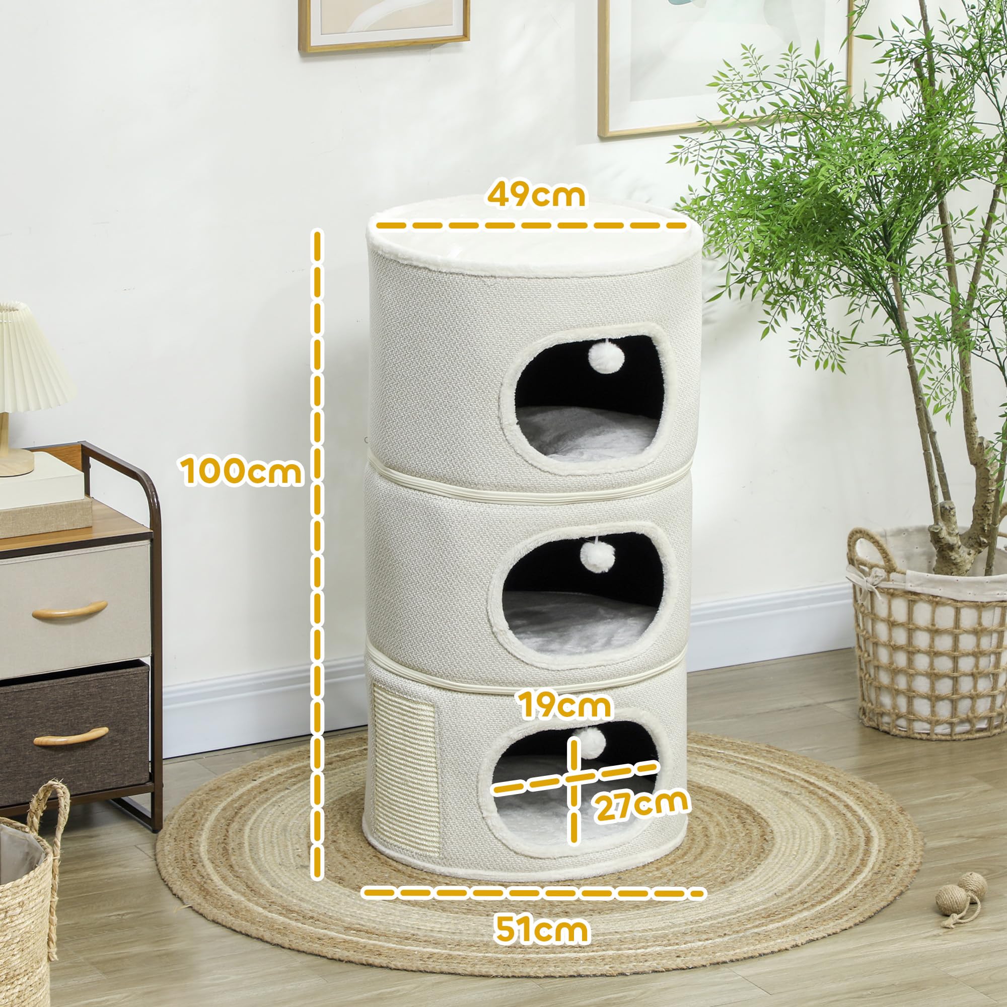 PawHut Tonneau à griffer, 100 cm de Haut Tonneau à Chat avec 3 cavités, Arbre à Chat avec balles de Jeu, Tour pour Chats en sisal, pour Chat jusqu'à 6 kg, Beige+CrèmeBlanc