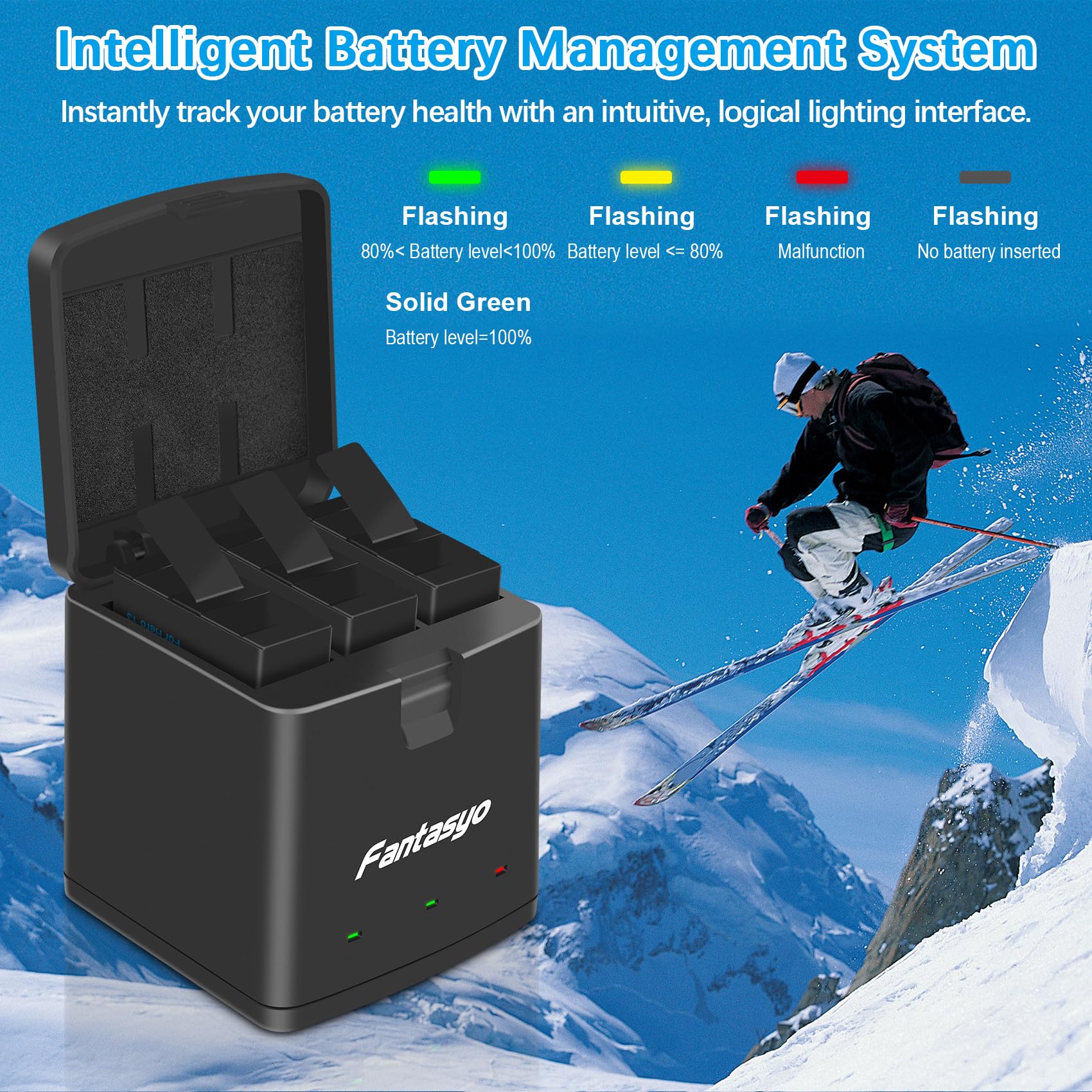 Fantasyo Batterie di ricambio da 2100 mAh (confezione da 2) per GoPro Hero 13 Black e caricatore rapido a 3 canali, completamente compatibili con batteria e caricabatterie GoPro Hero 13