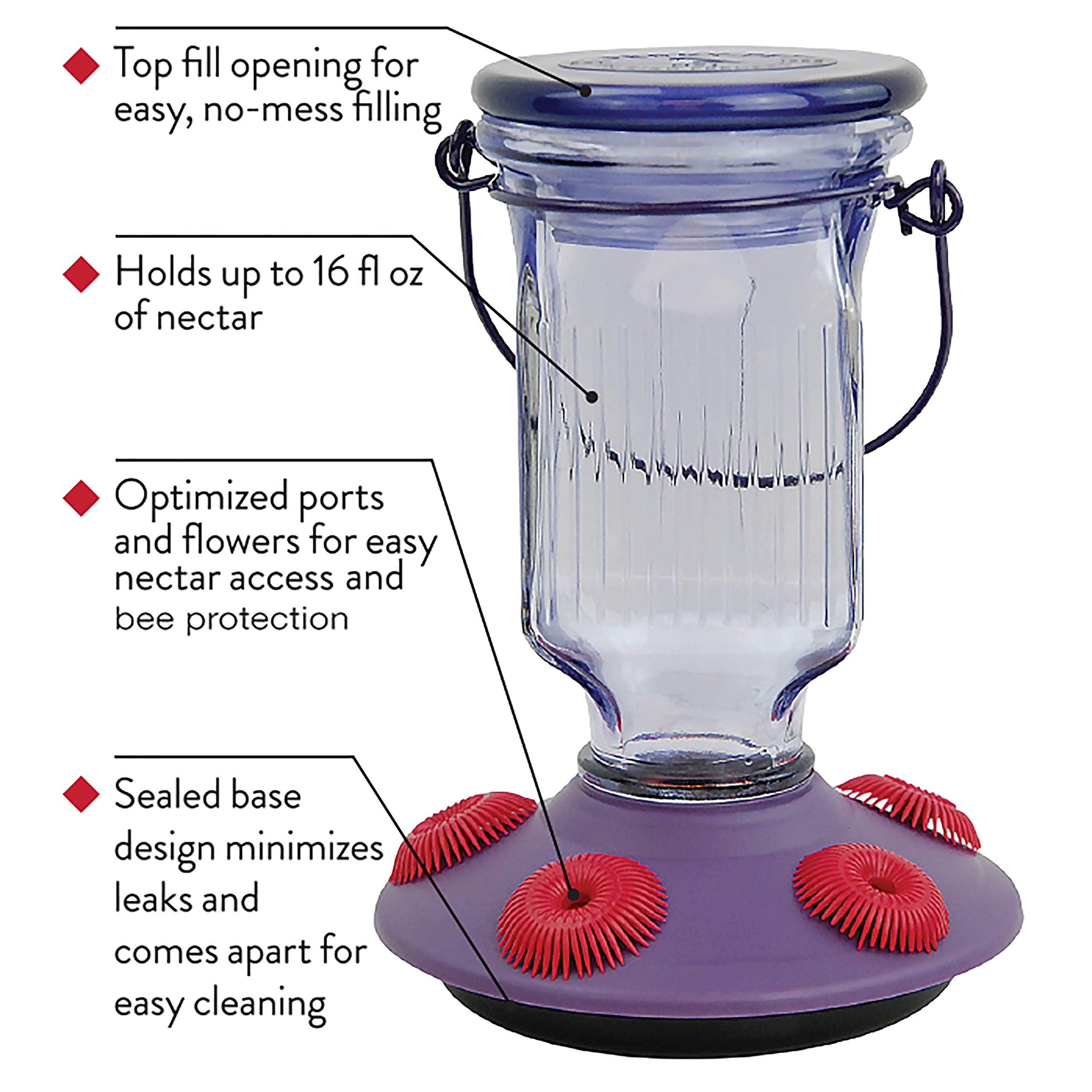 Perky-Pet 9101-2 Lavender Field Top-Fill Glass Hummingbird Feeder Purple 16 oz Capacity