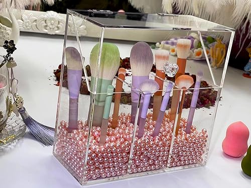 Miniatura 8 de VASERDDY Organizador de maquillaje acrílico, caja de almacenamiento transparente para brochas de cosméticos con 3 soportes para pinceles, soporte