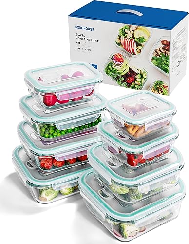 Juego de 8 recipientes de vidrio borosilicato para almacenamiento de alimentos con tapas herméticas, aptos para horno, microondas y congelador, a disponible en Yaxa Colombia