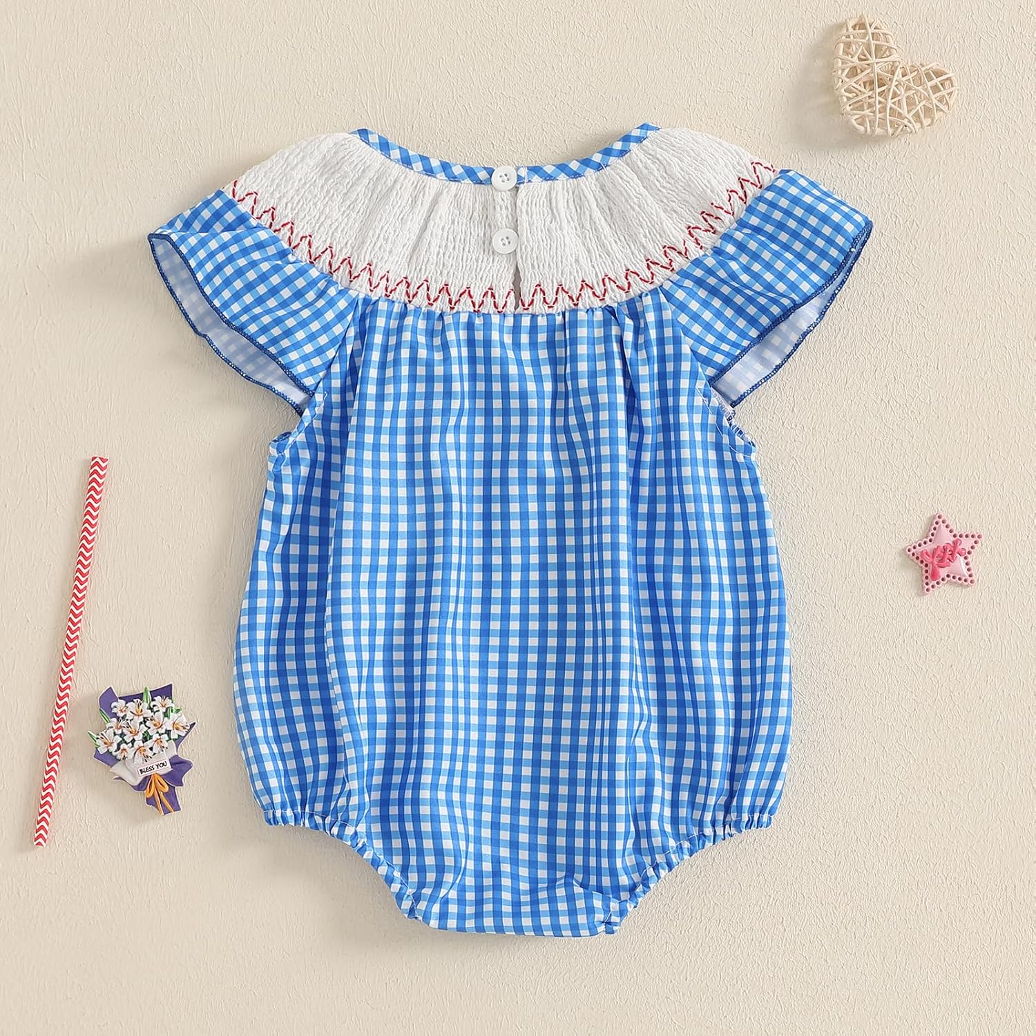 Kuriozud 4th of July Toddler Baby Girl Outfits Bubble Romper USA Flag Onesie Bodysuit Fourth of July Smocked Clothes