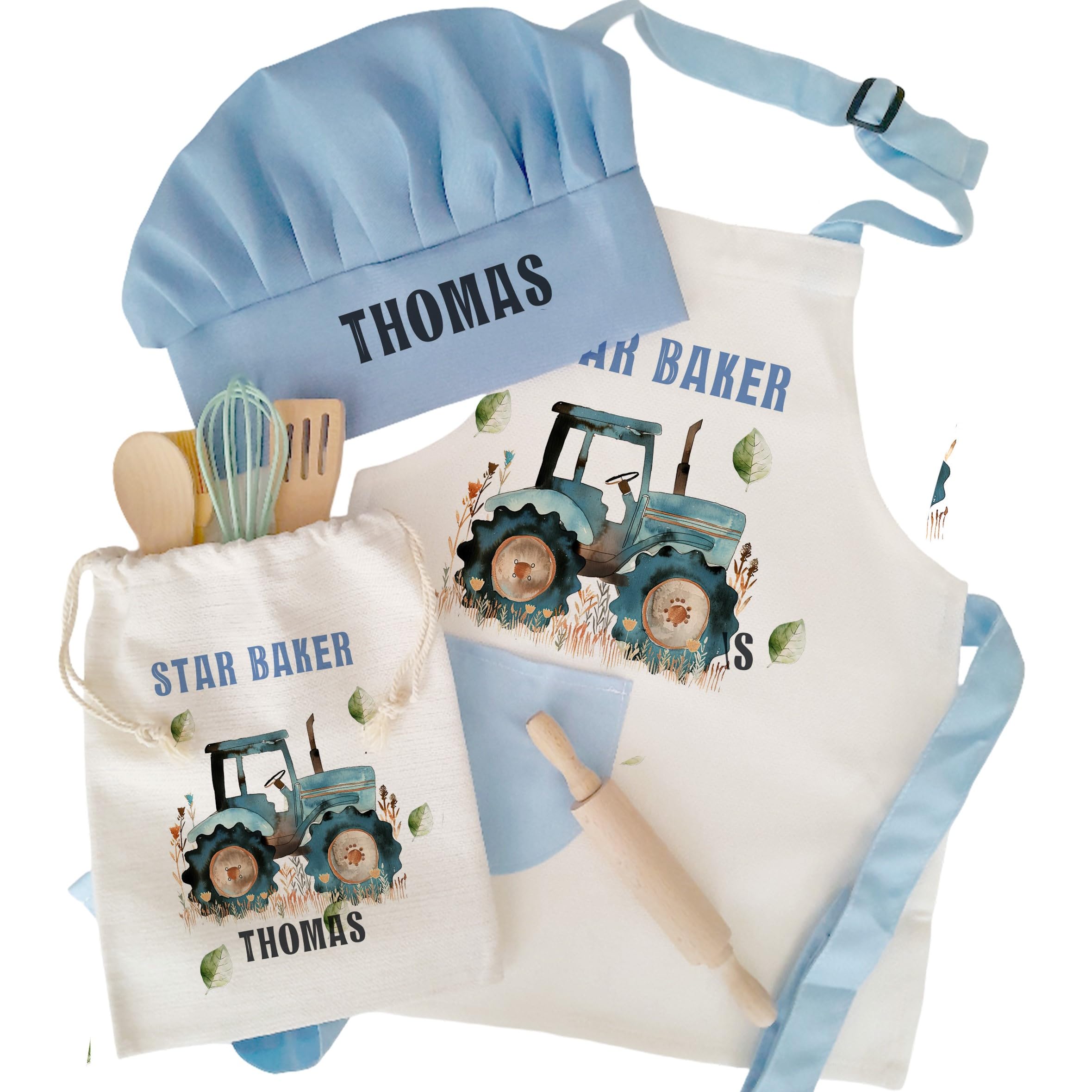Personalised Bespoke Custom Name Kids Blue Tractor Farm Crops Leaf Theme Linen Apron Chef's Hat Baking Set Design Print Pinafore Special Christmas Keepsake Children Gift Item Idea