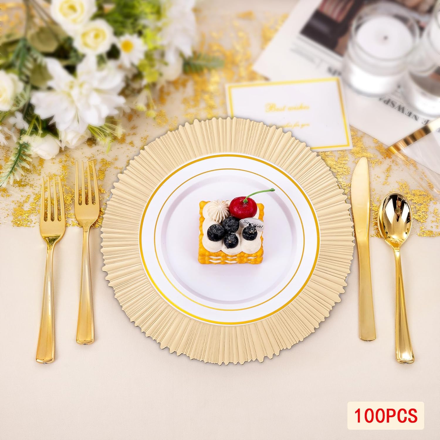 Modern Gold Charger Plates Set, 100 Pcs 13in Plastic Spraying Paint Dinner Plate, Round Fluted Edge Pattern Elegant Plates for Dinner Wedding Party Event Table Setting Decoration（100,Gold）