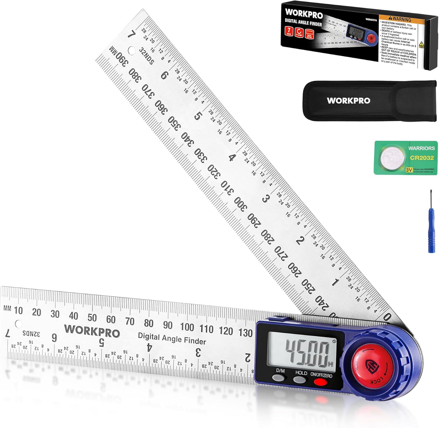 WORKPRO Digital Angle Finder, 7-Inch / 200 mm Stainless Steel Angle Finder Tool with Lock & Hold Function, Precision Measuring Tool with Bag for Woodworking, Carpentry, Construction Projects