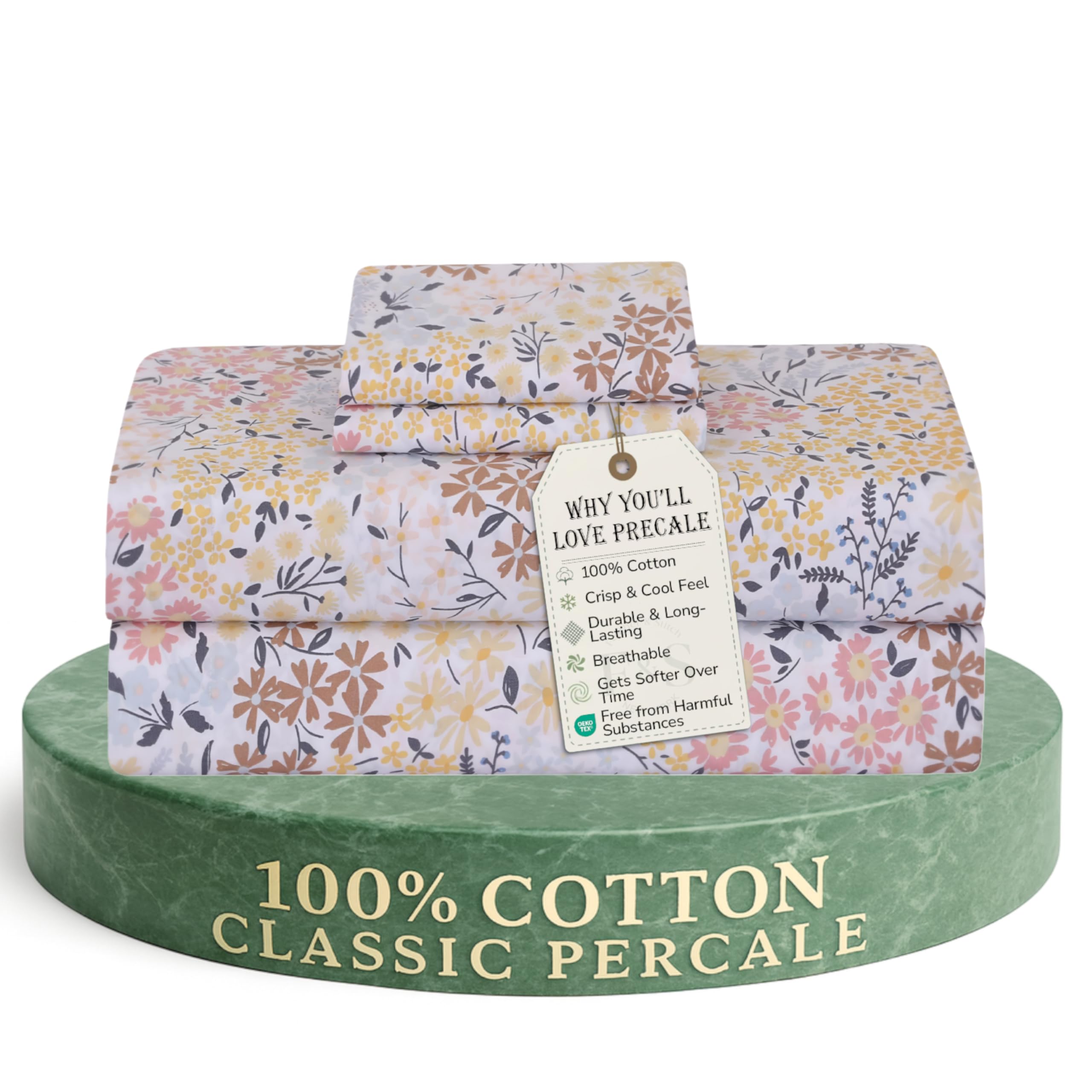 Feather & Stitch 100% Cotton King Size Sheet Set, 300 TC Breathable & Cooling Sheets, 4 Pc Percale Weave Bedding Set, 16" Deep Pocket - Hotel Premium Soft Bedding Set (King, Victorian Floral)