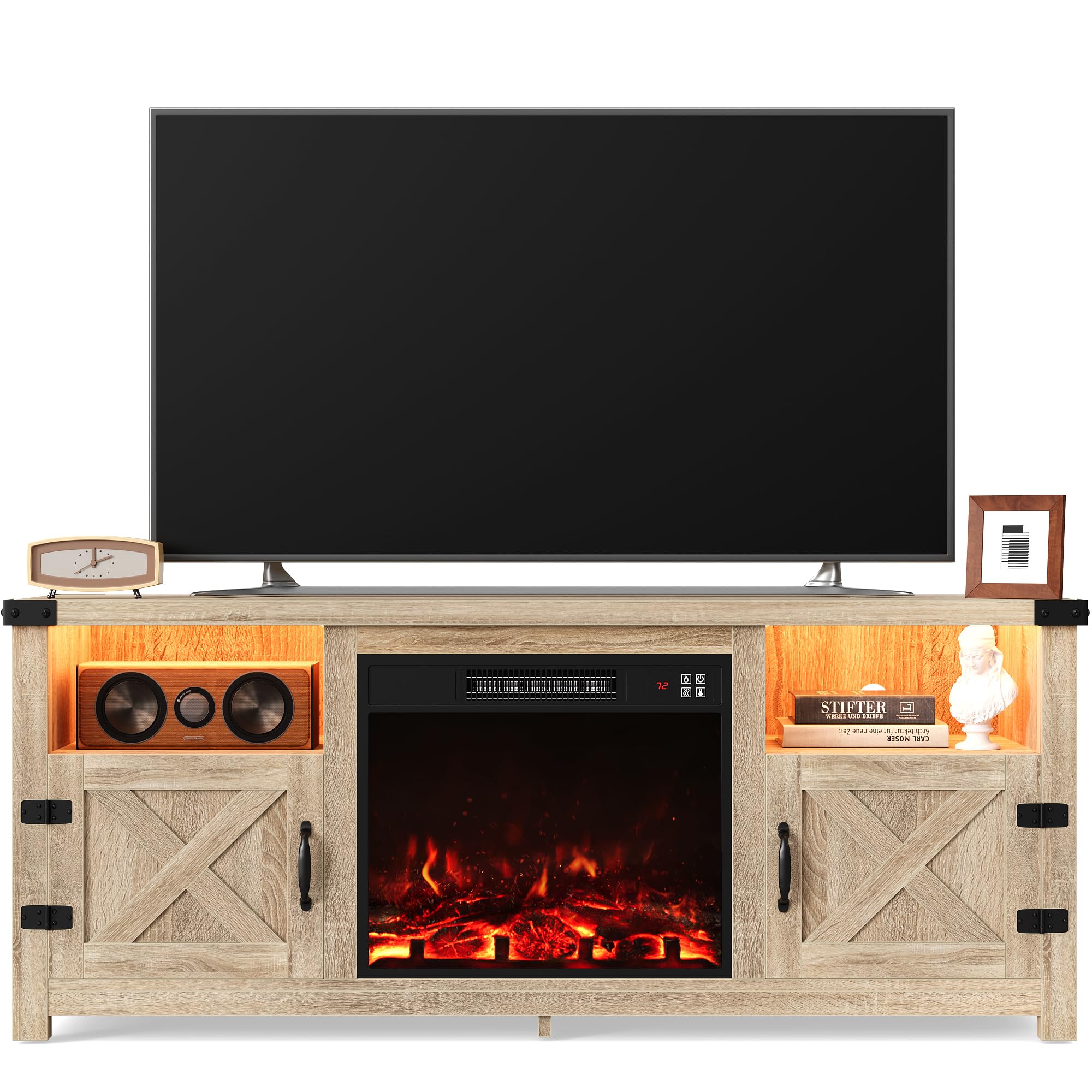 Furmax LED Entertainment Center with Fireplace, Fireplace TV Stand with Storage Cabinets and 2 Open Shelves, Modern Media TV Console for Living Room (