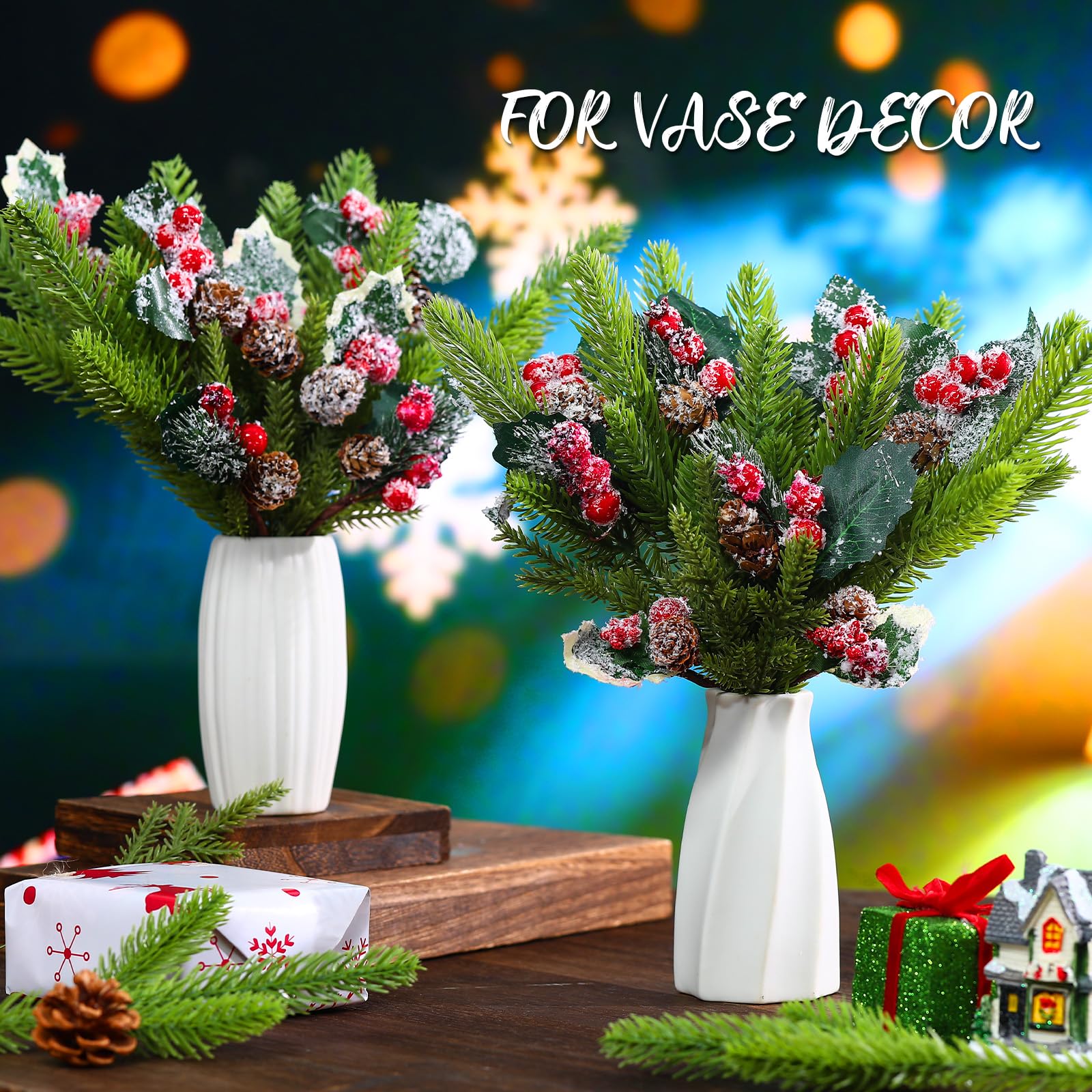 Yunlly Künstliche grüne Tannennadeln, Weihnachtsblumen, künstliche Stechpalme, rote Beeren, Zweigstiel, Tanne, schneebedeckte Zweige Girlande, Großpackung für Baum, Handwerk, Urlaub, Winter