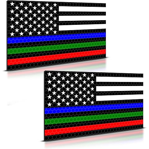 2PC Reflective Thin Line American Flag Magnet for Car Truck - 5 x 3 Inches - USA Blue Green Red Line Magnetic Flag - Support Police Military Firefighter Officers Troops