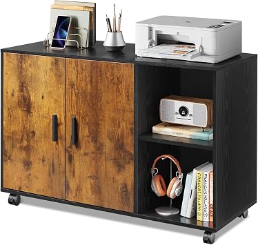 DEVAISE Office Storage Cabinet, Lateral Printer Stand, Rustic Brown | Doors and Shelves, Mobile File Cabinet, Large Office Supplies and Craft Storage