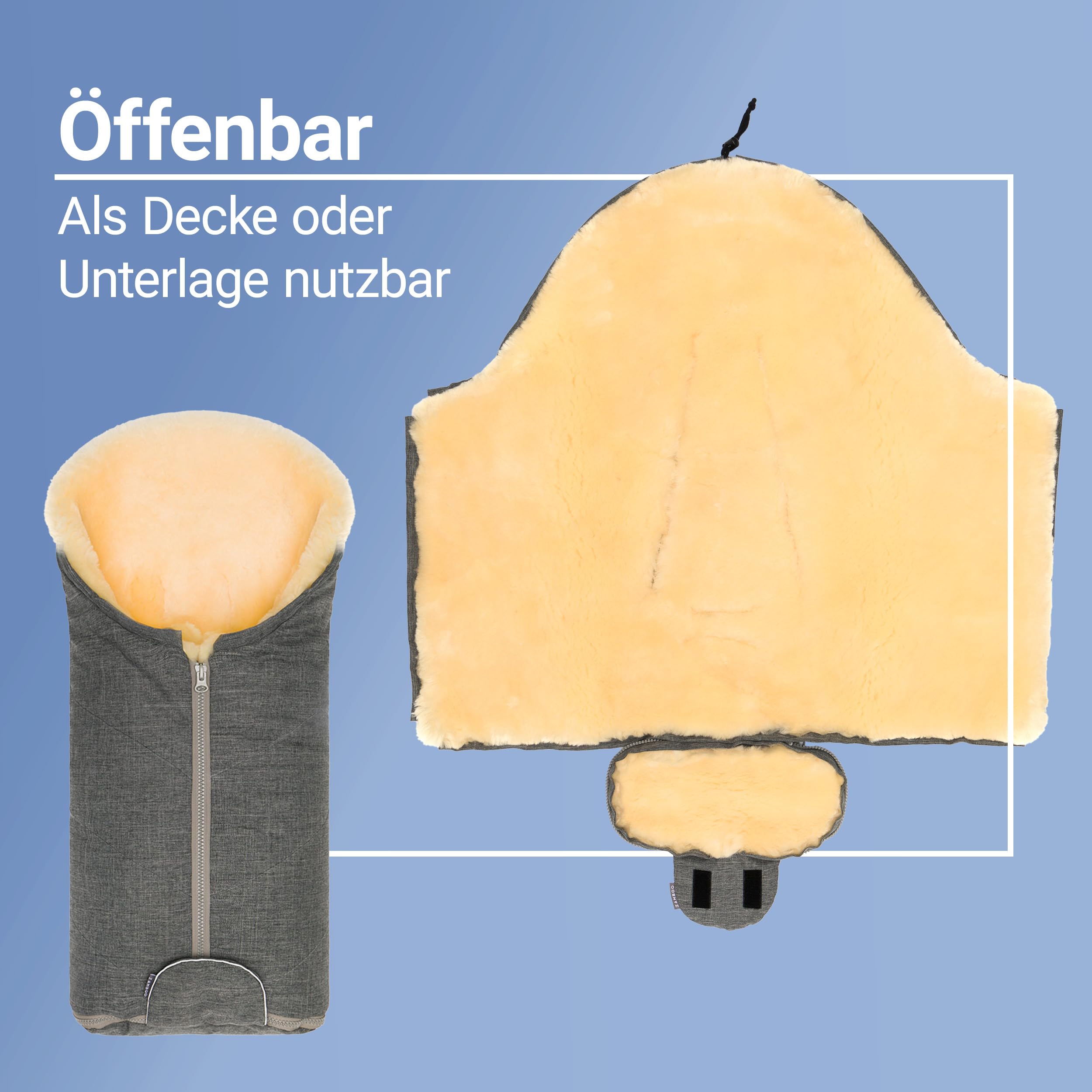Zamboo Lammfell Fußsack für Babyschale und Kinderwagen Wanne - Universal Baby Winterfußsack aus Merino Lammwolle, für 3 Punkt und 5 Punkte Gurte - Grau | Universal Baby Winterfußsack aus Merino Lammwolle, für 3 Punkt und 5 Punkte Gurte