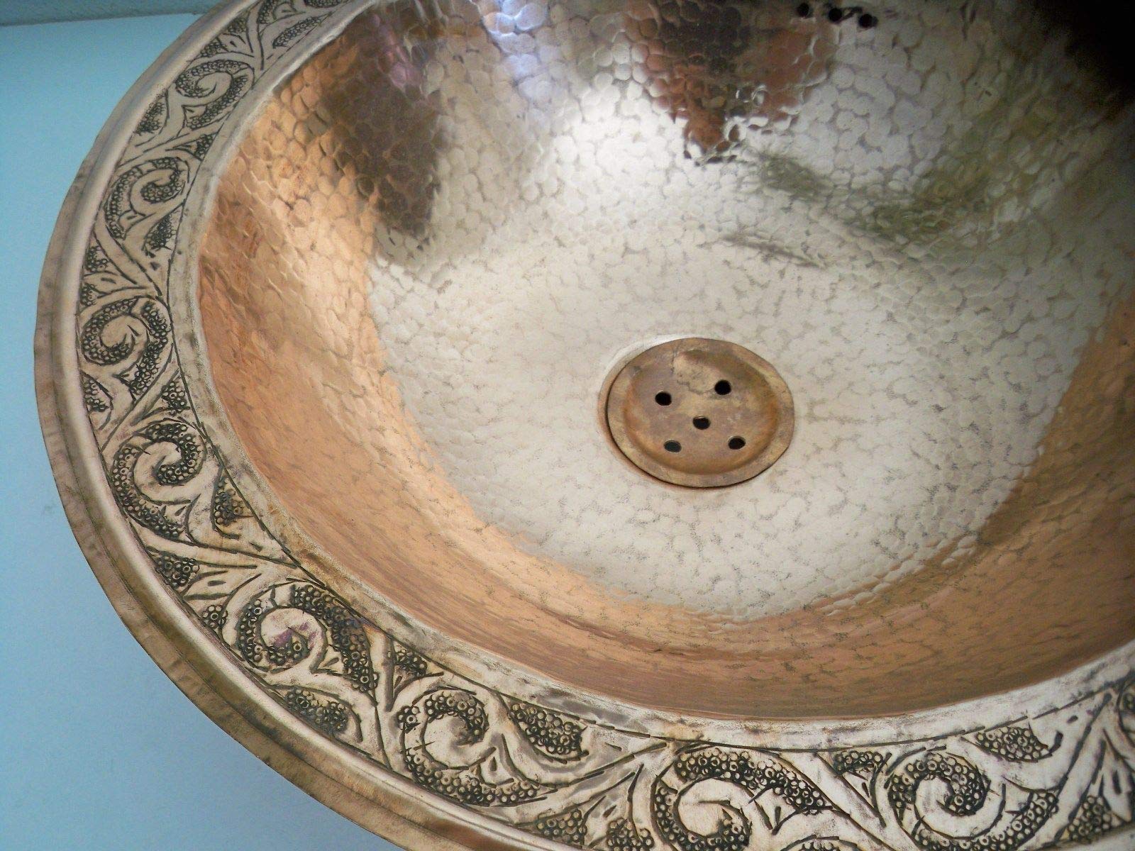 Vasque En Cuivre Rouge Marocaine - Ronde Gravée 38 Cm - Évier Ou Lave-main