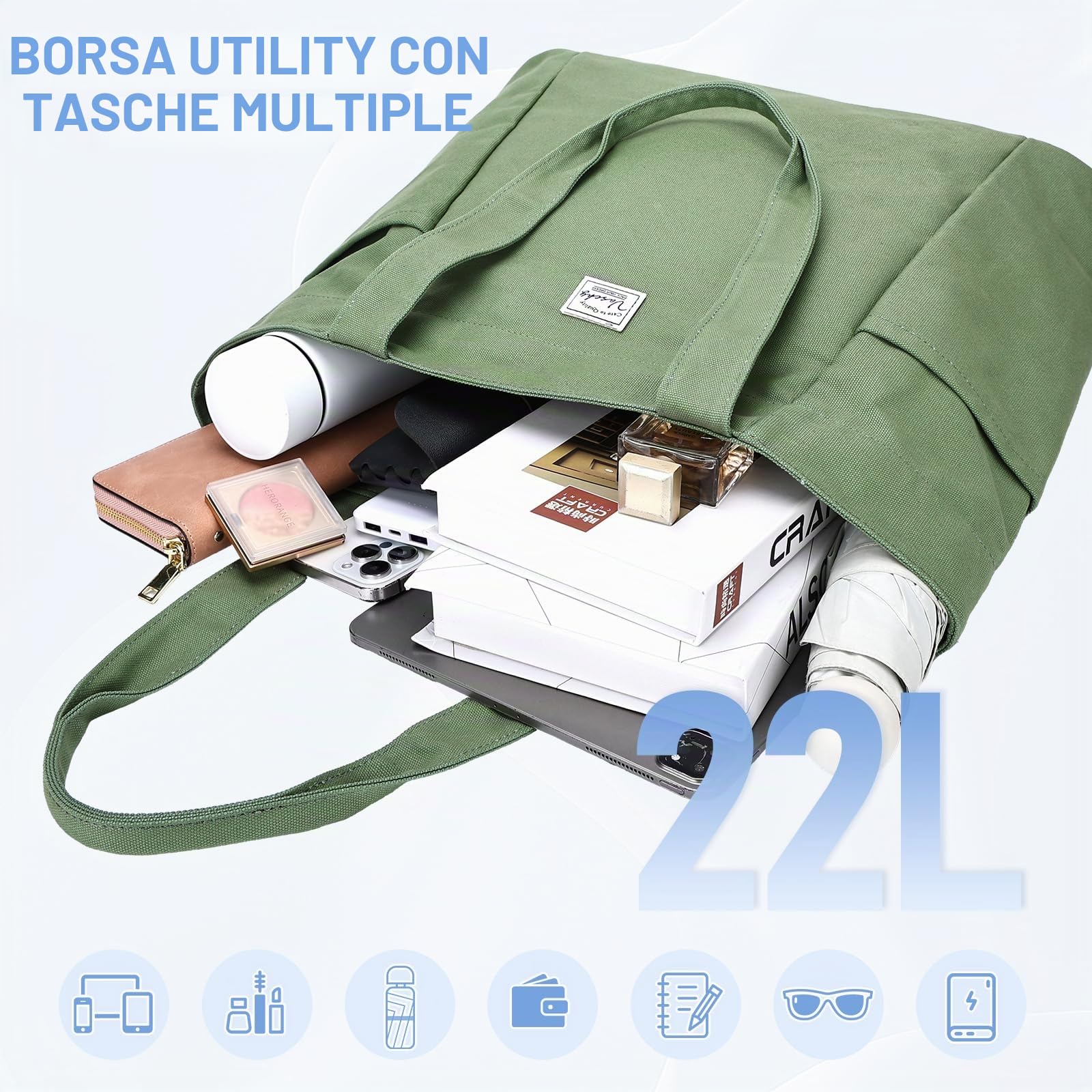 VASCHY Tote Bag,Borsa Donna Università Elegante Borsa Mare Pieghevole Borsa Tote Donna Lavoro Scuola Viaggio Palestra Shopping Bag Leggero