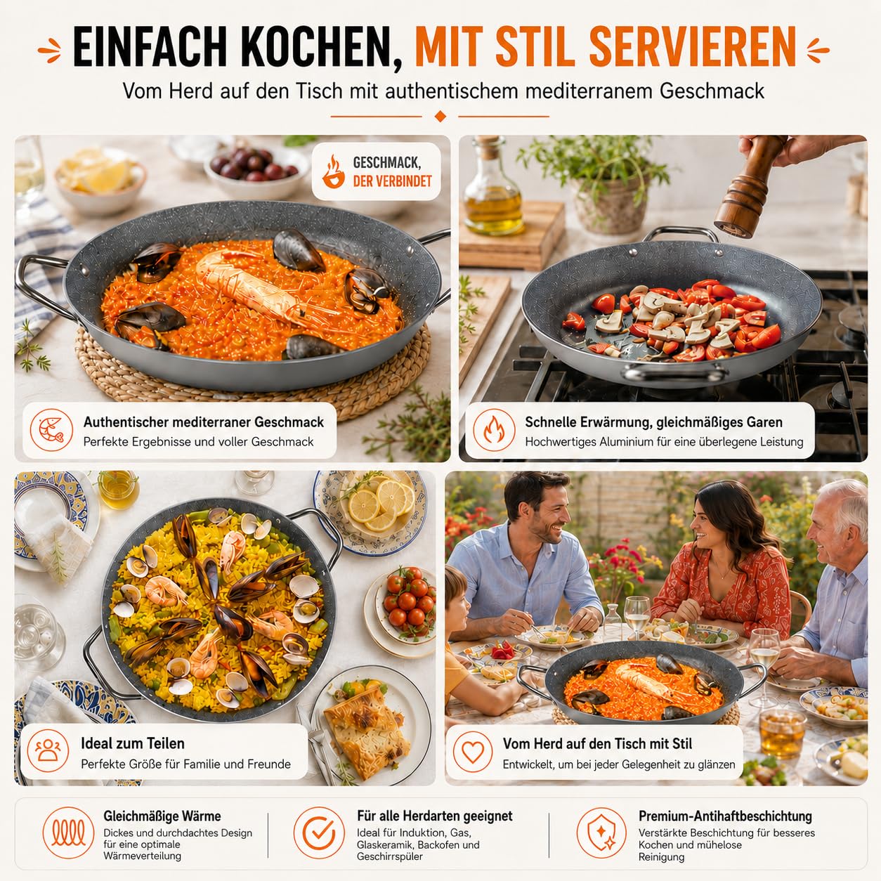 TEHORNEO Paella Pfanne Induktion, Paella Pfanne 34 cm Antihaftbeschichtete aus Aluminium 5-6 Portionen, Paellapfanne, Paella Grill, Paellera Geeignet für Induktion, Feuer und Vitrokeramik