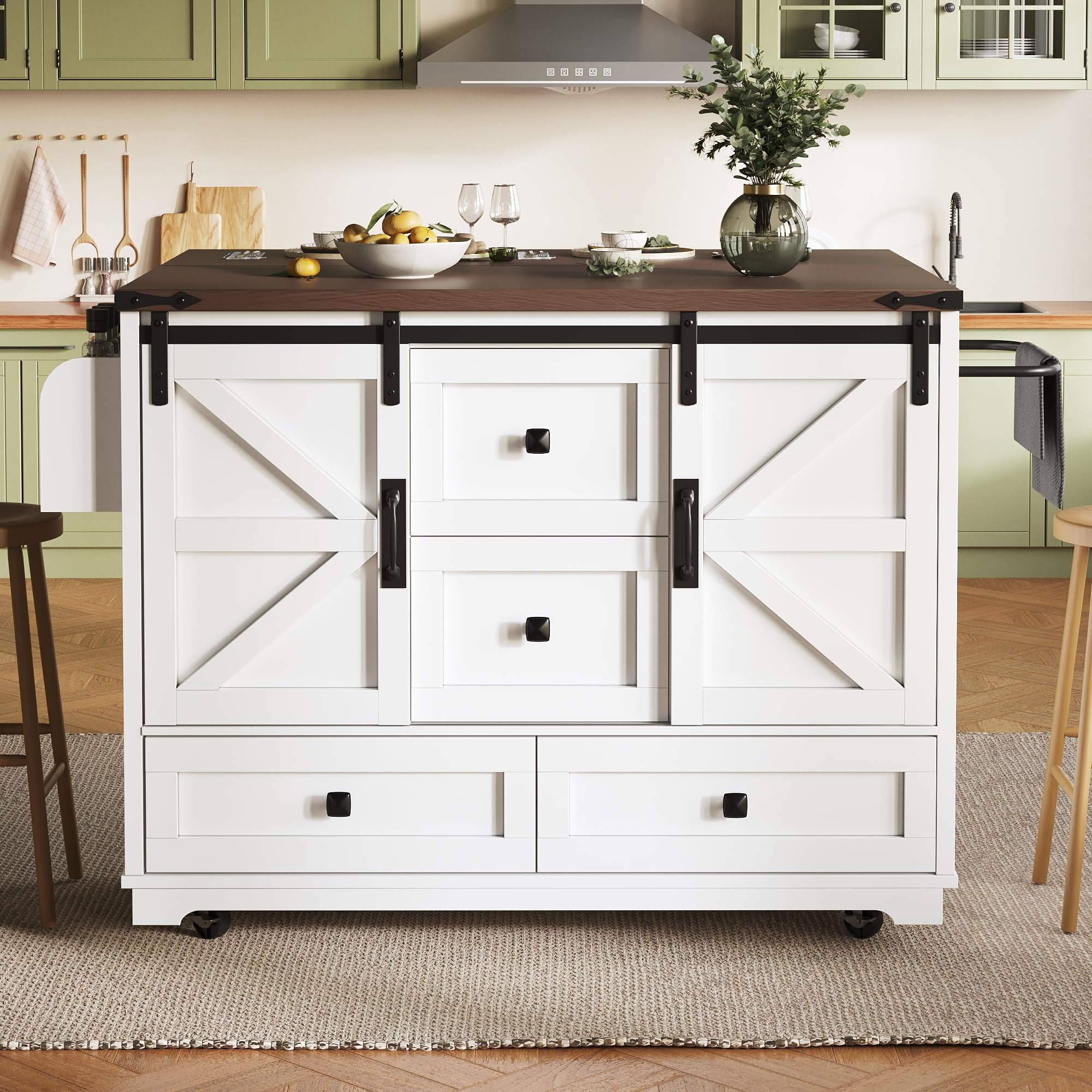 Carrito de cocina multifuncional con mesa plegable, isla de cocina móvil, bar, aparador con espacio de almacenamiento, carrito de servir con tres cajones y dos puertas de armario