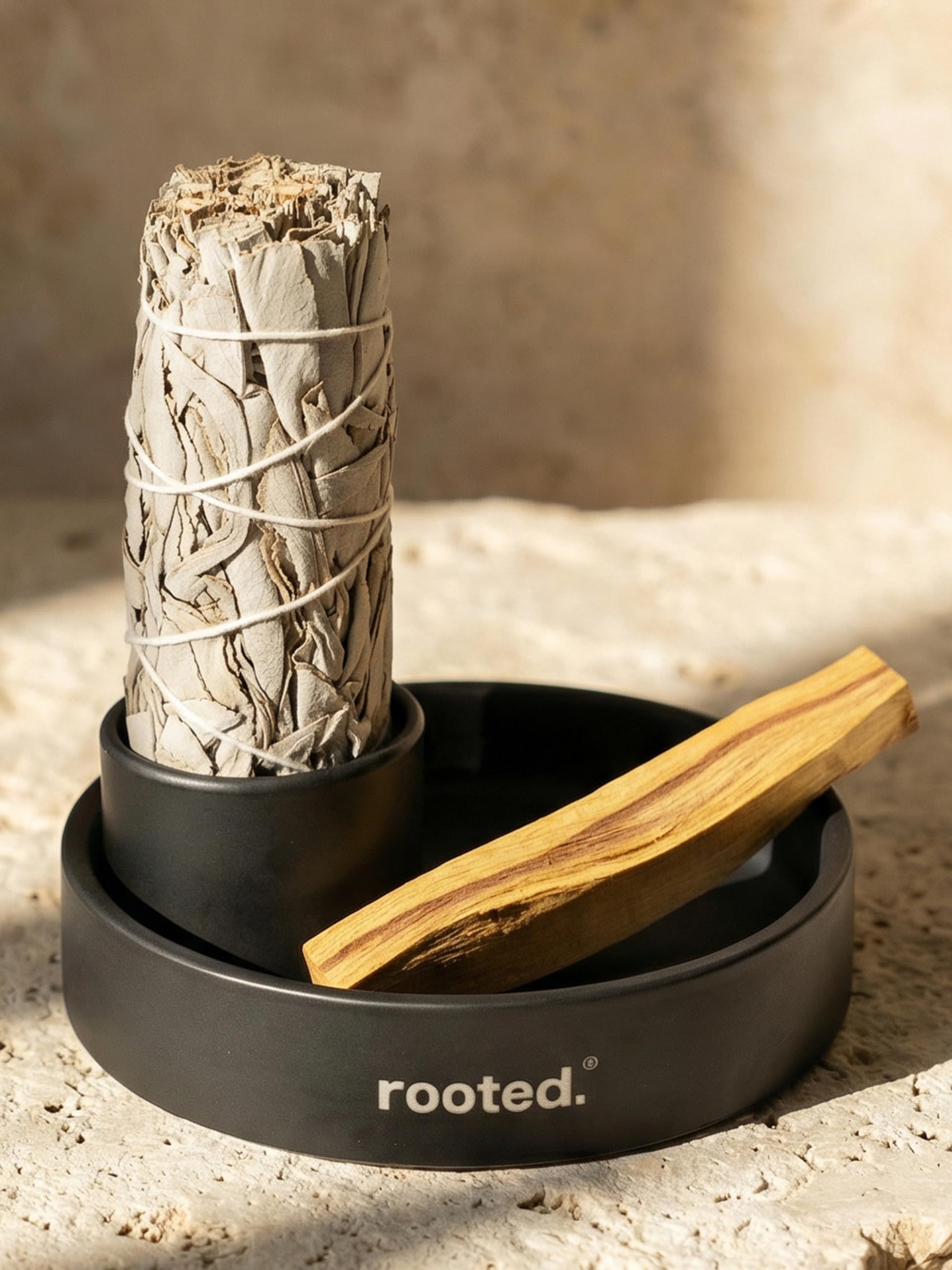 rooted.® Designerska miska do wędzenia 3 w 1 [matowa czerń] – ognioodporna miska ceramiczna do Palo Santo, białej szałwii i kadzidełek | nowoczesna, minimalistyczna, do rytuałów i czyszczenia