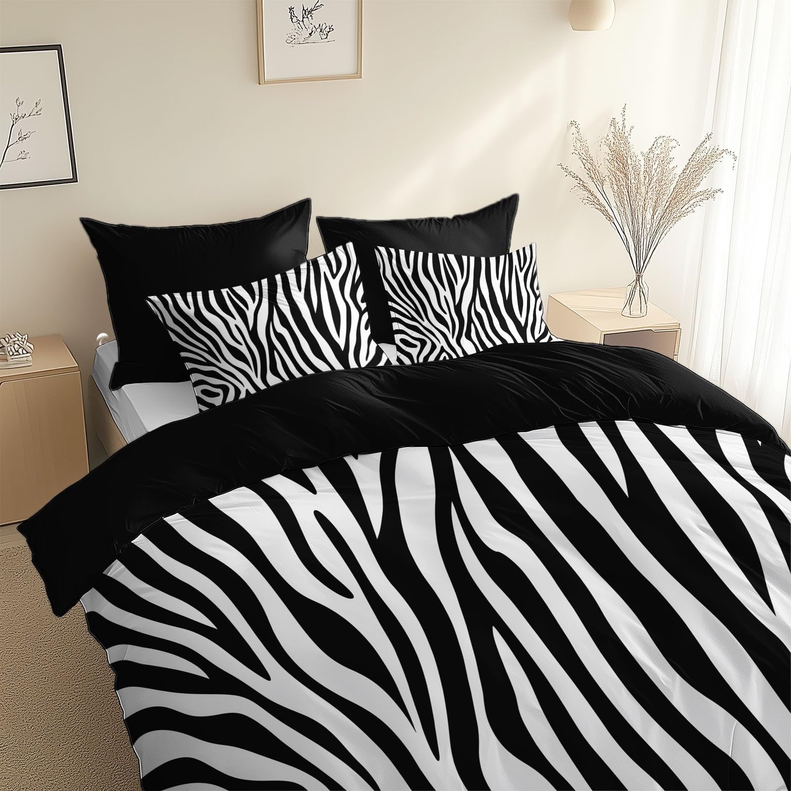 Housse de couette 200x200 cm motif zèbre noir et blanc pour lit 2 personnes en microfibre avec taies