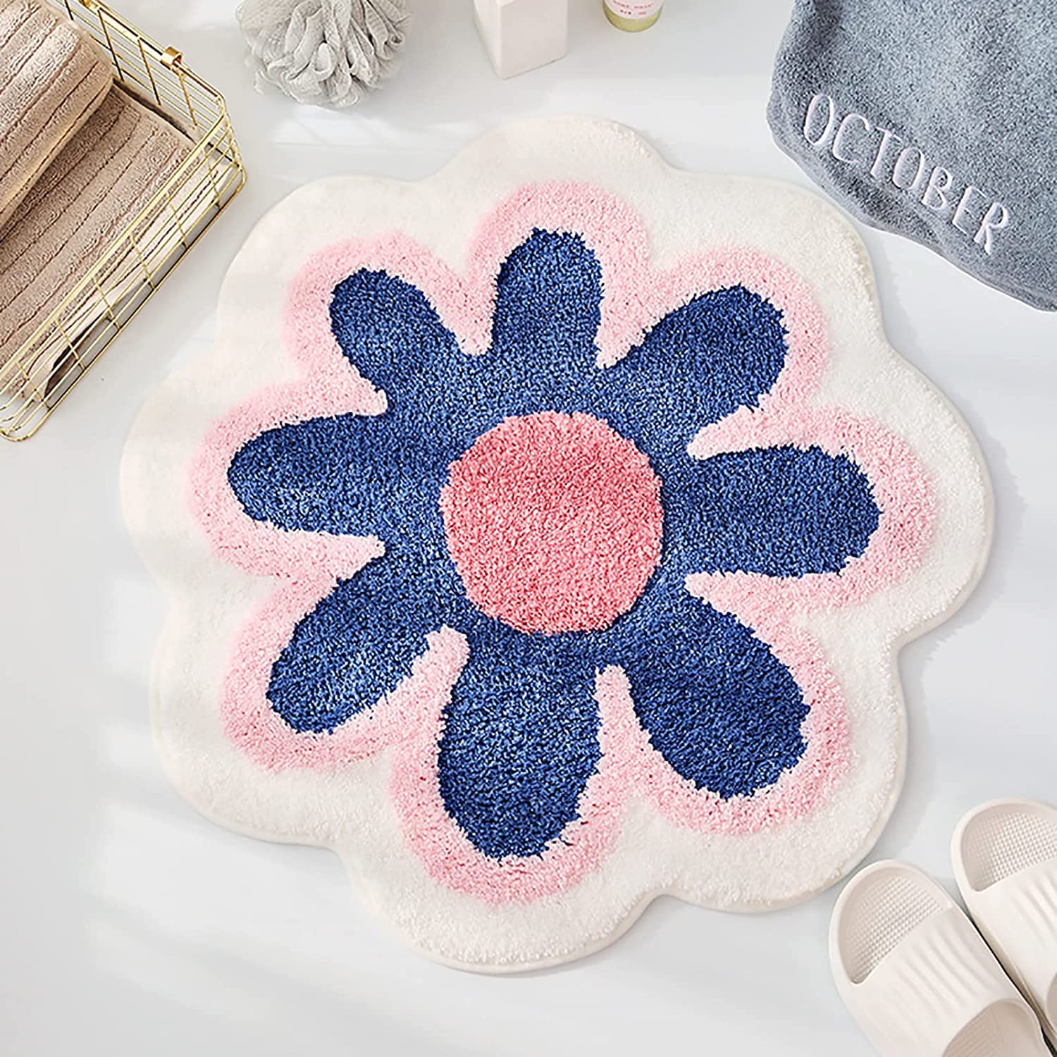 Tapis Baignoire Antidérapant Tapis De Bain Mignon, Doux Et Moelleux En Forme De Fleur, En Microfibre, Absorbant L'eau Tapis De Baignoire Antidérapant