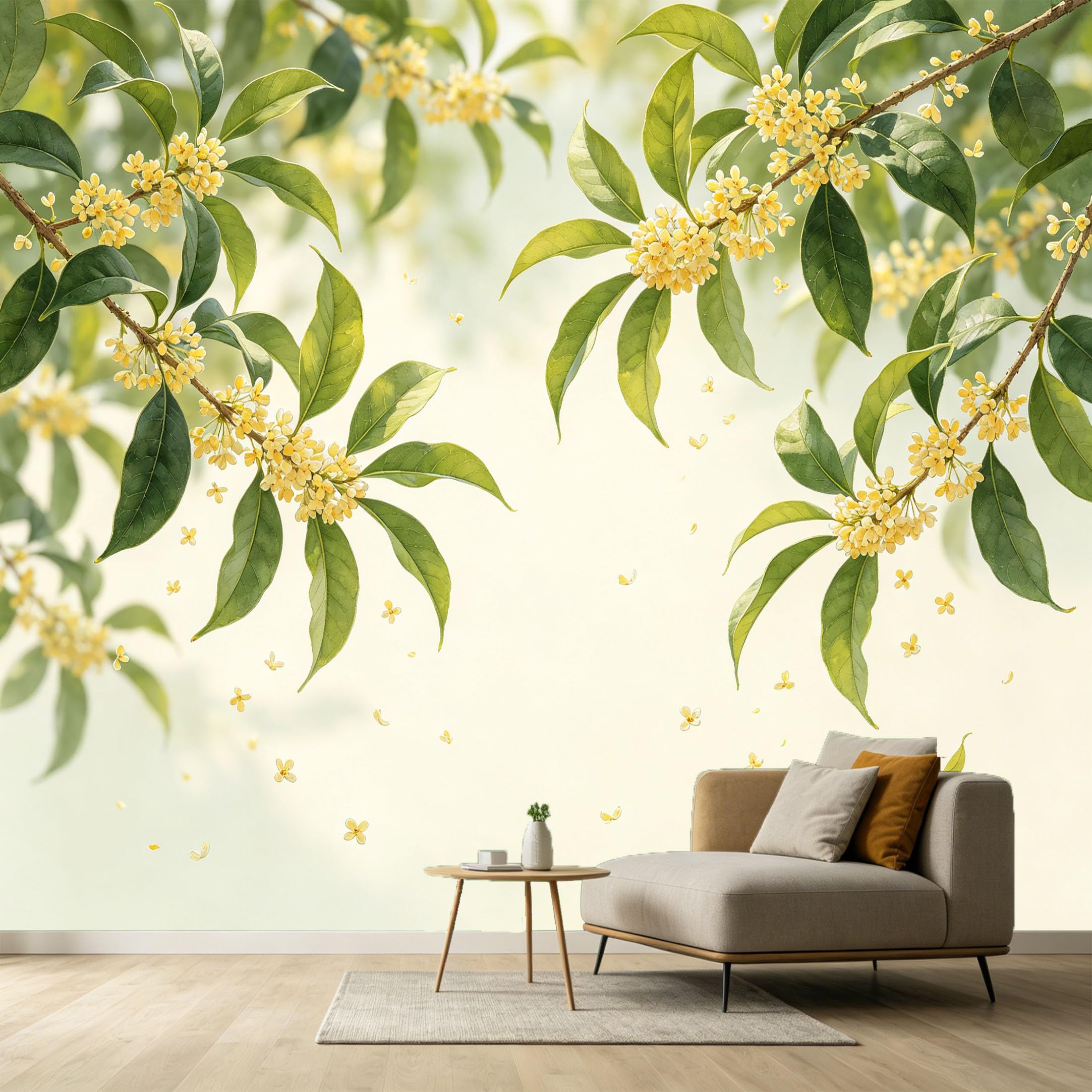 Custom Size Wall Murals Botanical Watercolor Yellow Osmanthus Flower Branches Fresh Spring Nature Theme SelfAdhesive Wall Fabric Removable Large Wallpaper for Photo Living Room