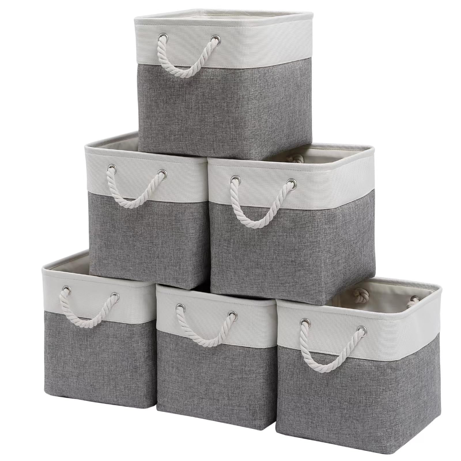 BOFUGA Fabric Storage Cubes 13 x 13, Collapsible Storage Bins for Shelf Baskets, Cube Storage Organizer White Gray Bins with Cotton Handles, Foldable