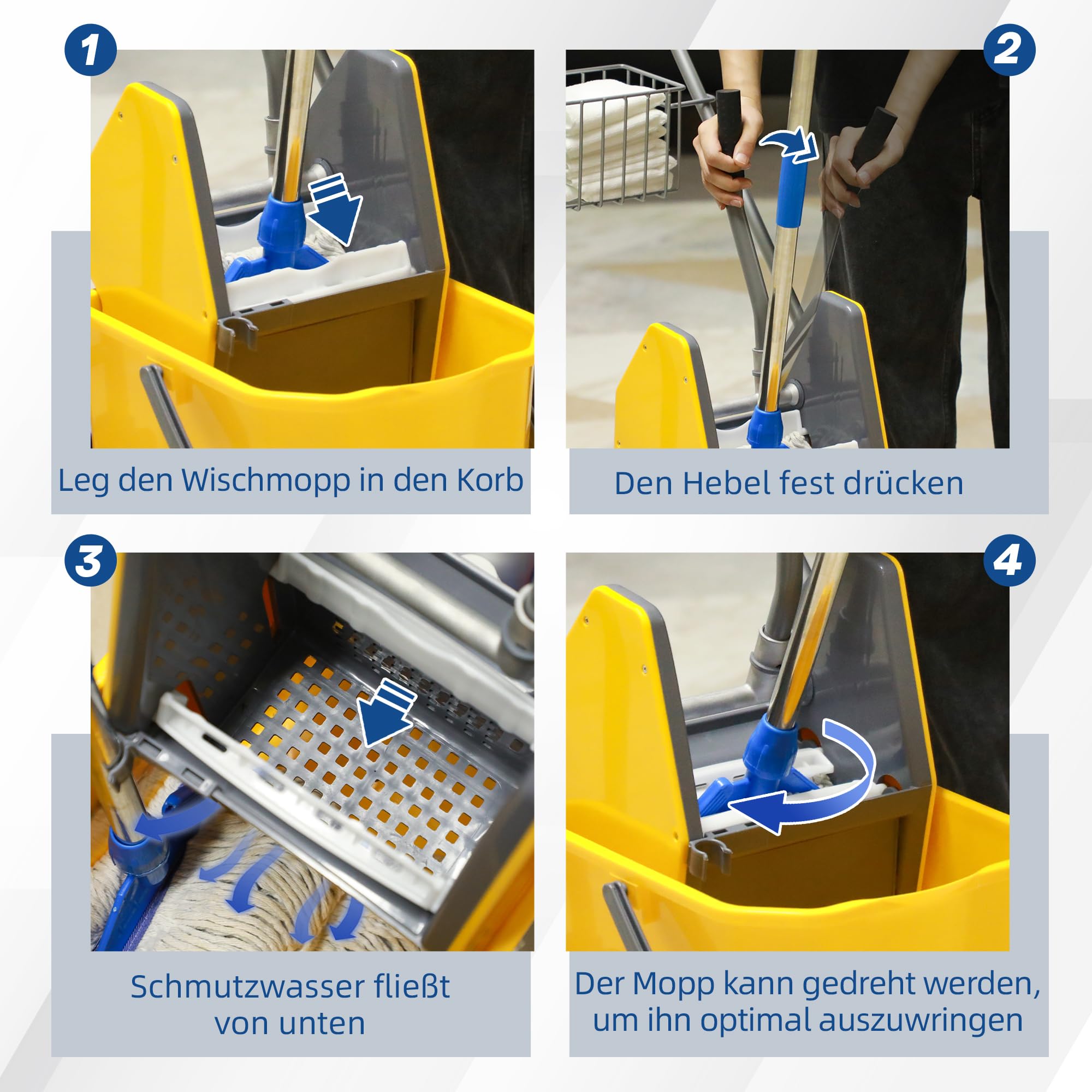 HOMCOM Chariot de nettoyage Chariot de nettoyage Seau roulant Seau de nettoyage 25 litres avec essoreuse, crochet pour balai à franges Chariot ménager avec 4 roulettes Jaune
