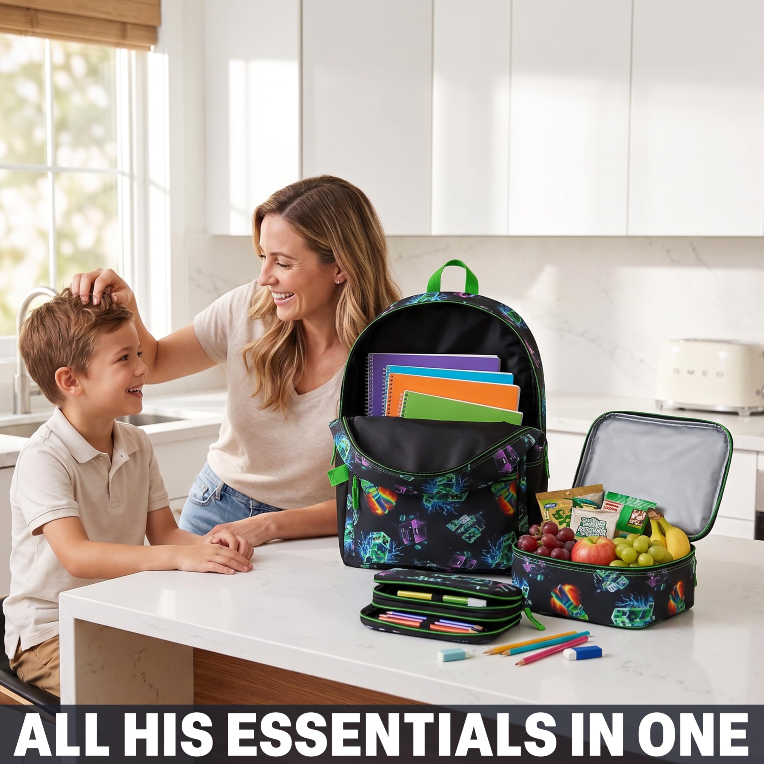 Minecraft Mochila Niños Set 3 Piezas Estuche Escolar Bolsa Almuerzo Mochila Completa Colegio Ocio Regalo Niños Multi Creeper