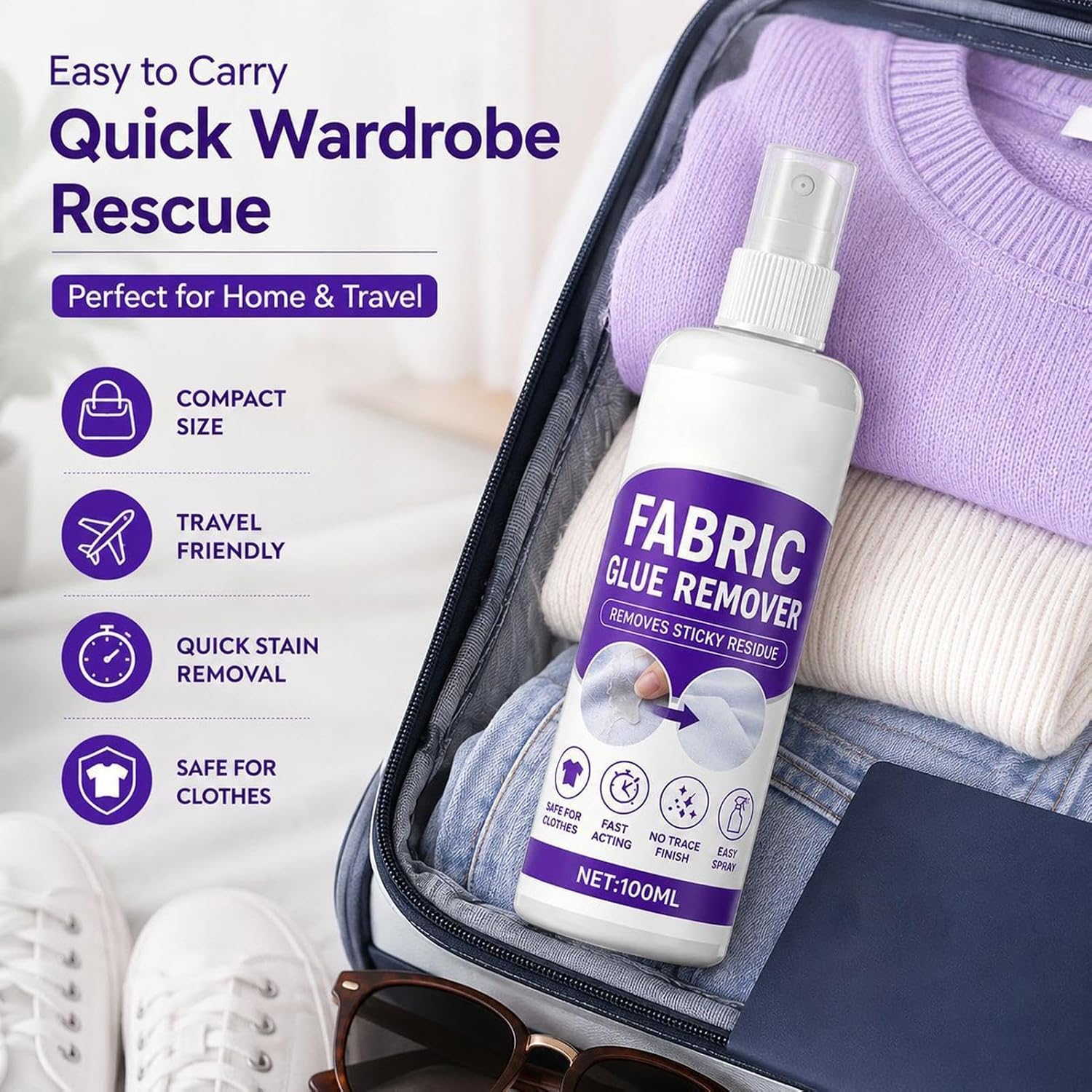Fabric Glue Remover for Clothes, 100ml Label Stain Cleaner Spray, Cotton