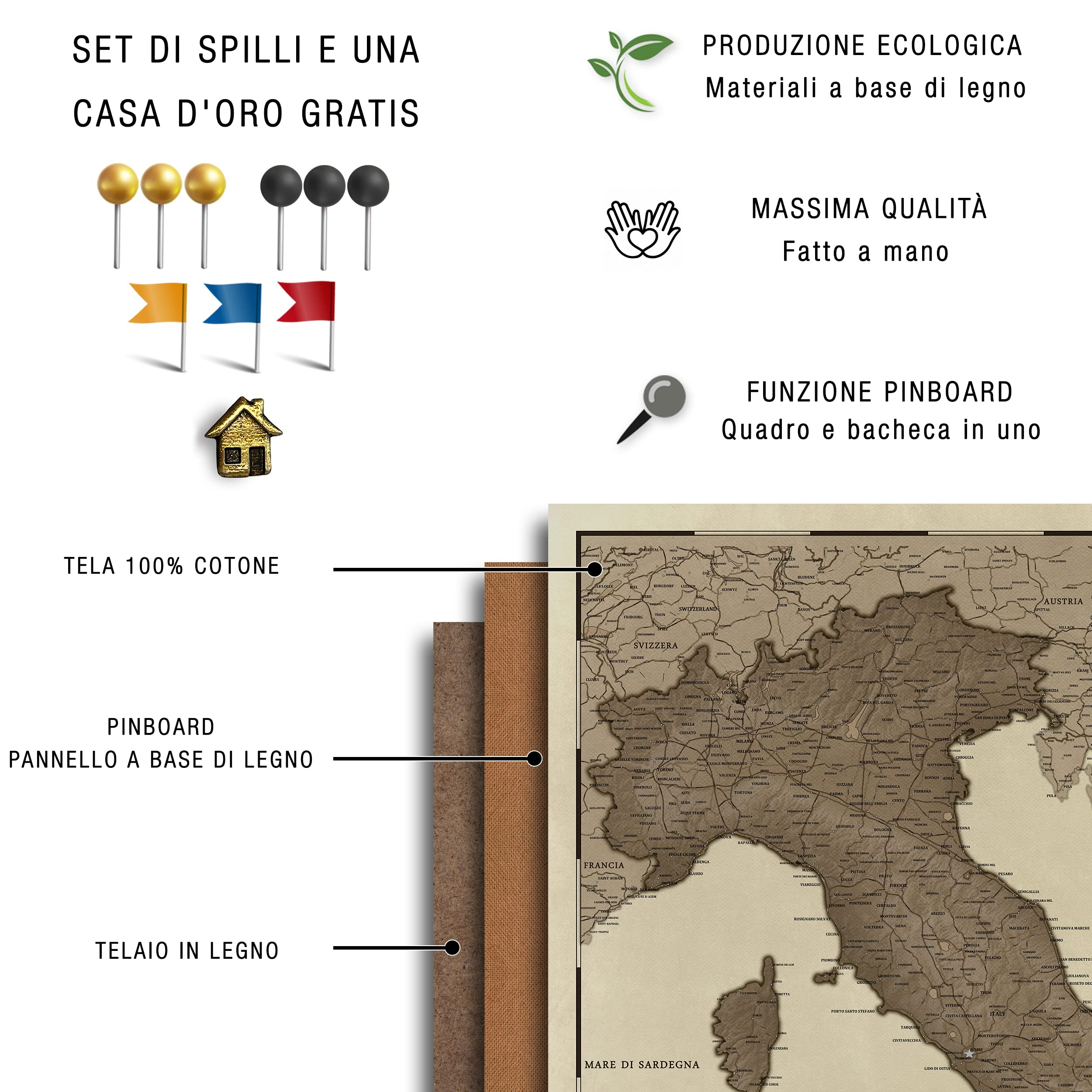 Mappa dell'Italia in tela con bacheca in sughero per appuntare le destinazioni di viaggio - Lavagne in tela di alta qualità con mappa dell'Italia in varie dimensioni (90x75cm, modello 3)