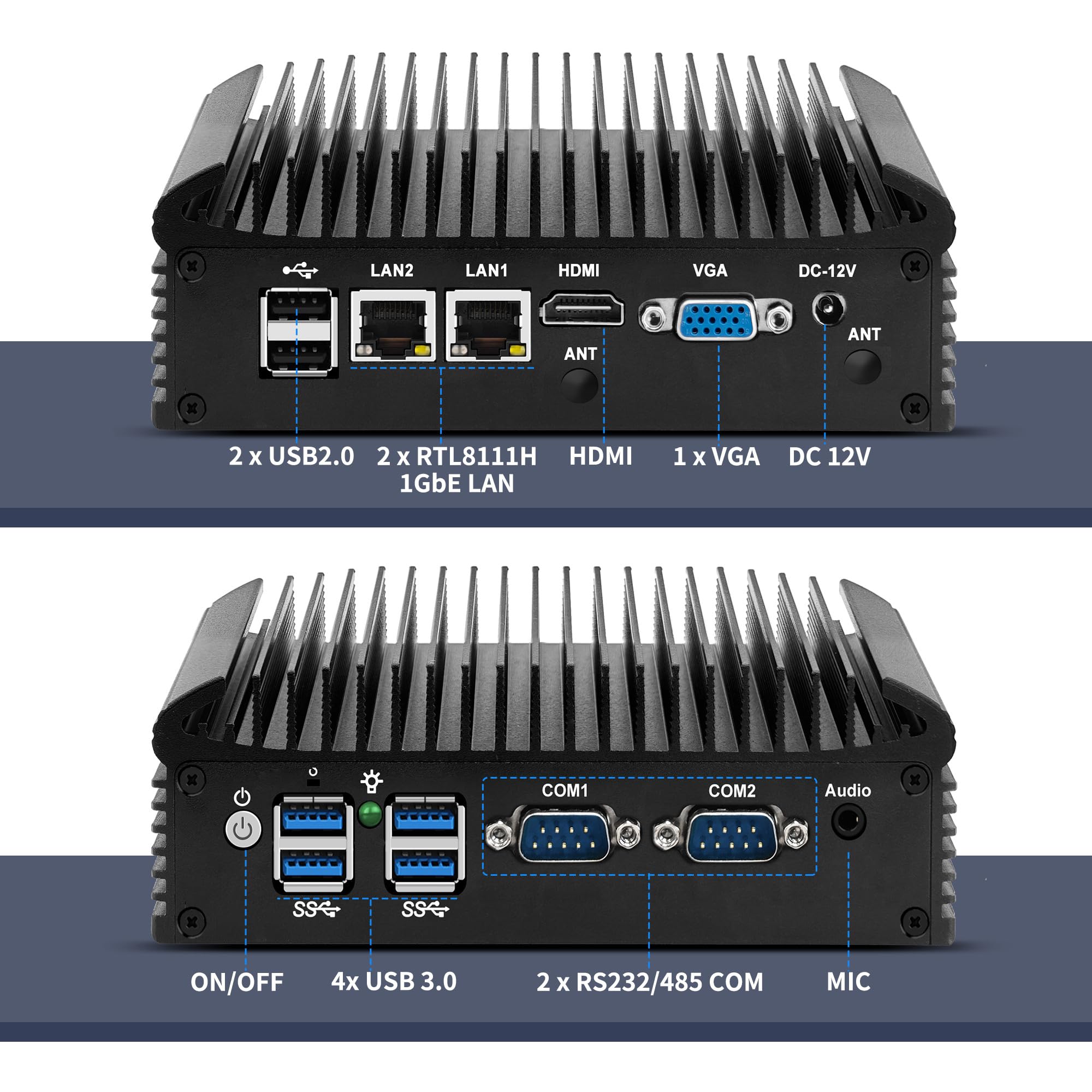 CWWK Mini PC Fanless Industrial i3-5005U, 2x RS232/RS485 COM, 2 x Gigabit LAN, Micro Embedded Mini Computer Box, NO RAM/SSD/OS, DDR3, mSATA, SIM, SATA, Mini-PCIe, HD, VGA, 6USB