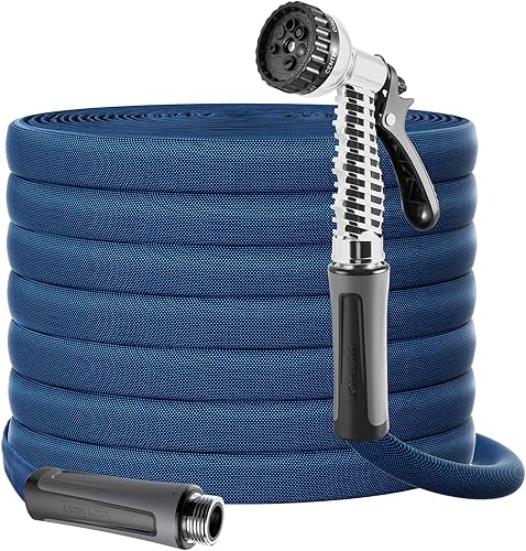 Gotron Manguera de jardín de 25 pies, manguera de agua ligera no expandible con boquilla de 7 funciones y agarre giratorio de 360, flexible, sin