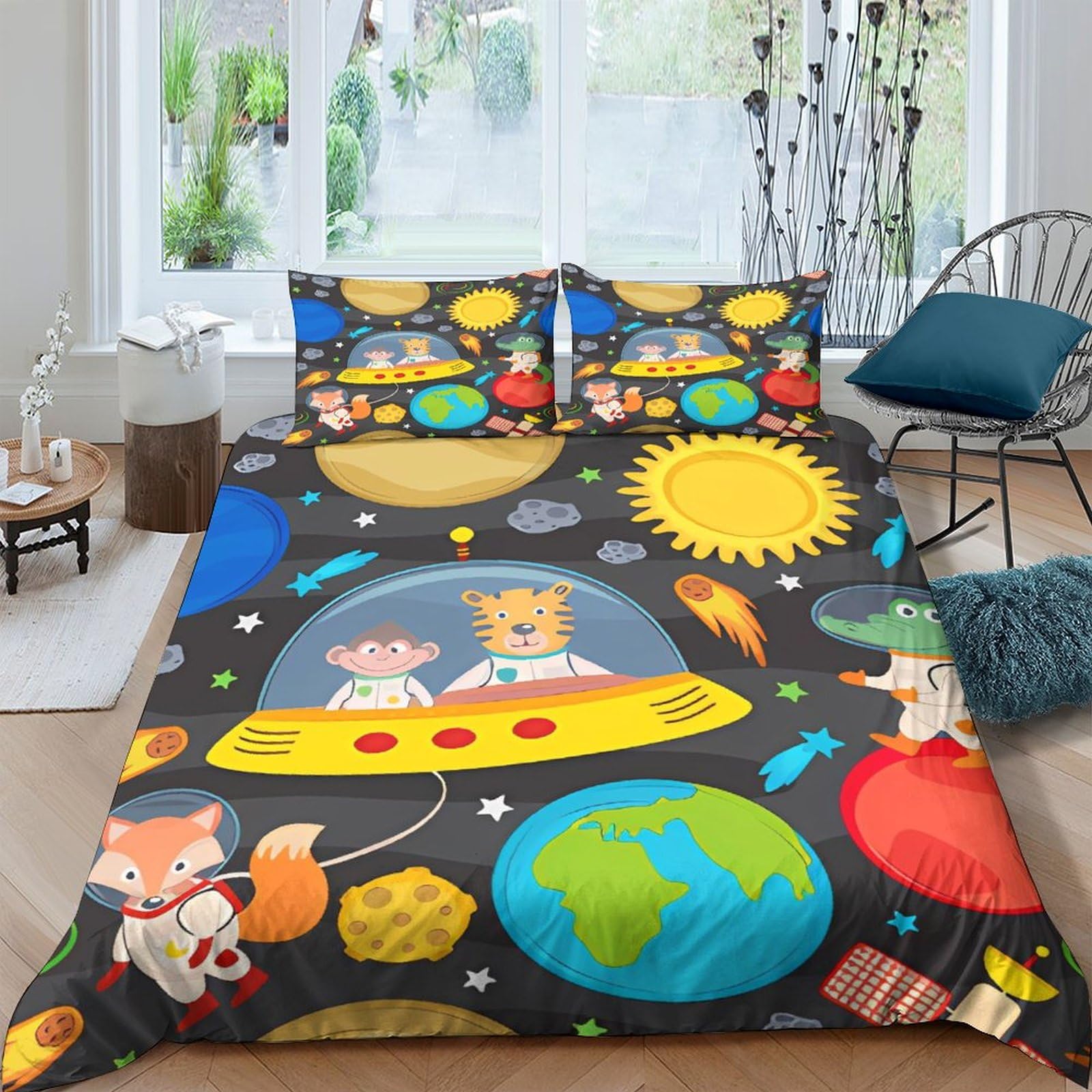 Housse de couette imprimé planètes 200x200 fermeture à glissière en microfibre ultra douce