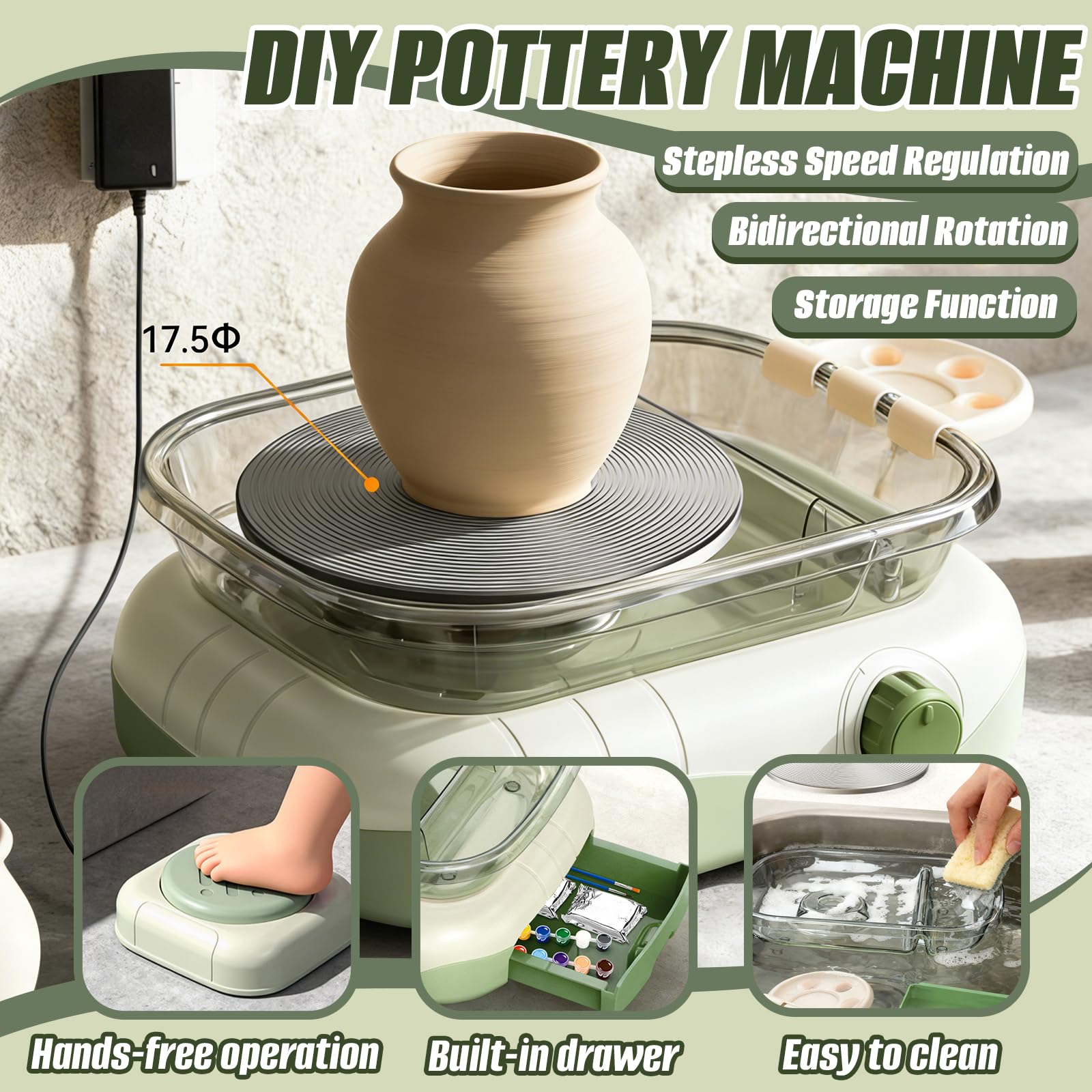 Piattaforma da Ceramica per Bambini, Kit Mini Tornio da Ceramica con Pedale e Scatola Portaoggetti, Rotazione Bidirezionale, con DIY Utensili, Regalo Creativi per Bambini Adulti Principianti