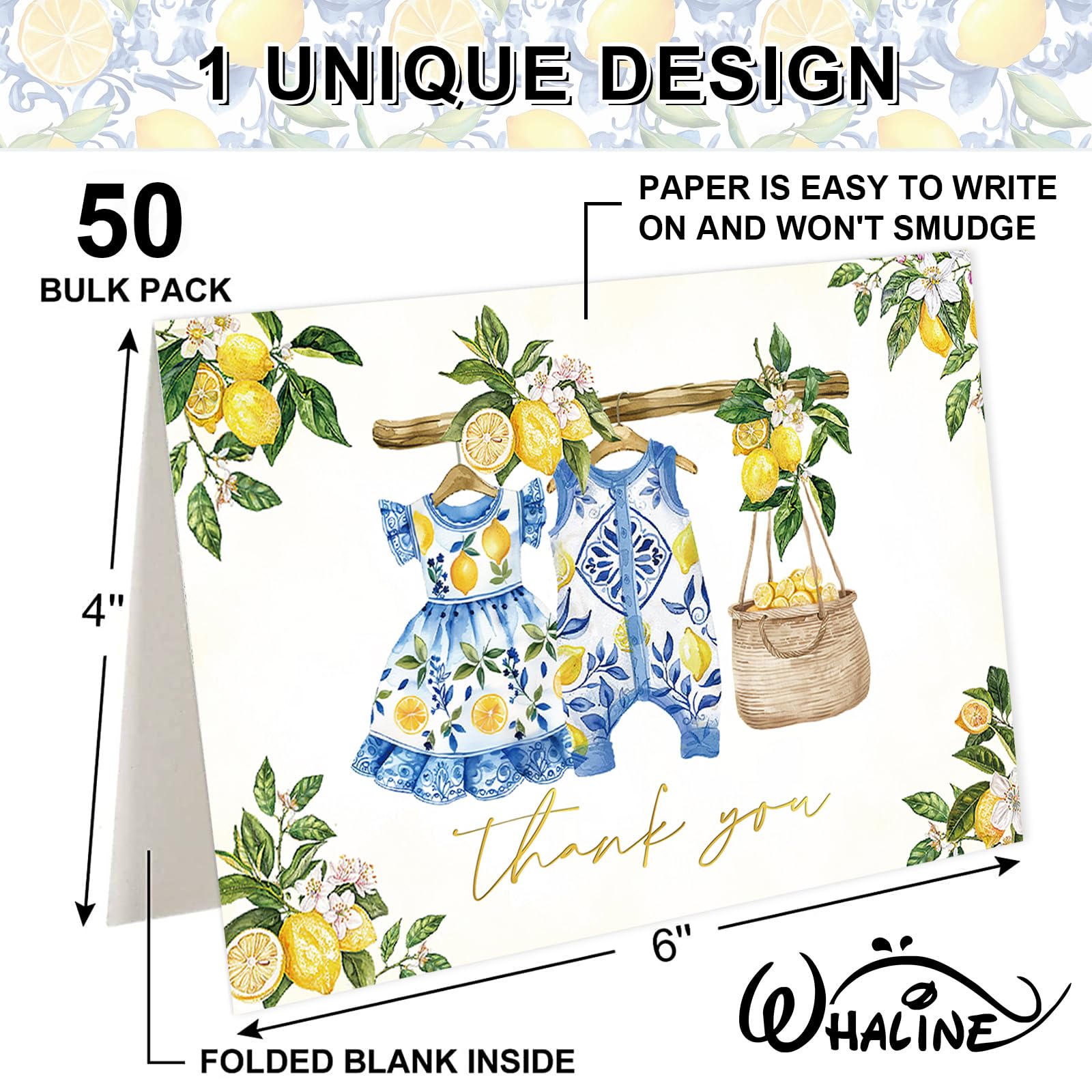 Whaline Lot de 50 cartes de remerciement pour fête prénatale en tissu citron méditerranéen feuille d'or avec enveloppes, autocollants, cartes vierges pour anniversaire, révélation du sexe, 10,2 x 15,2