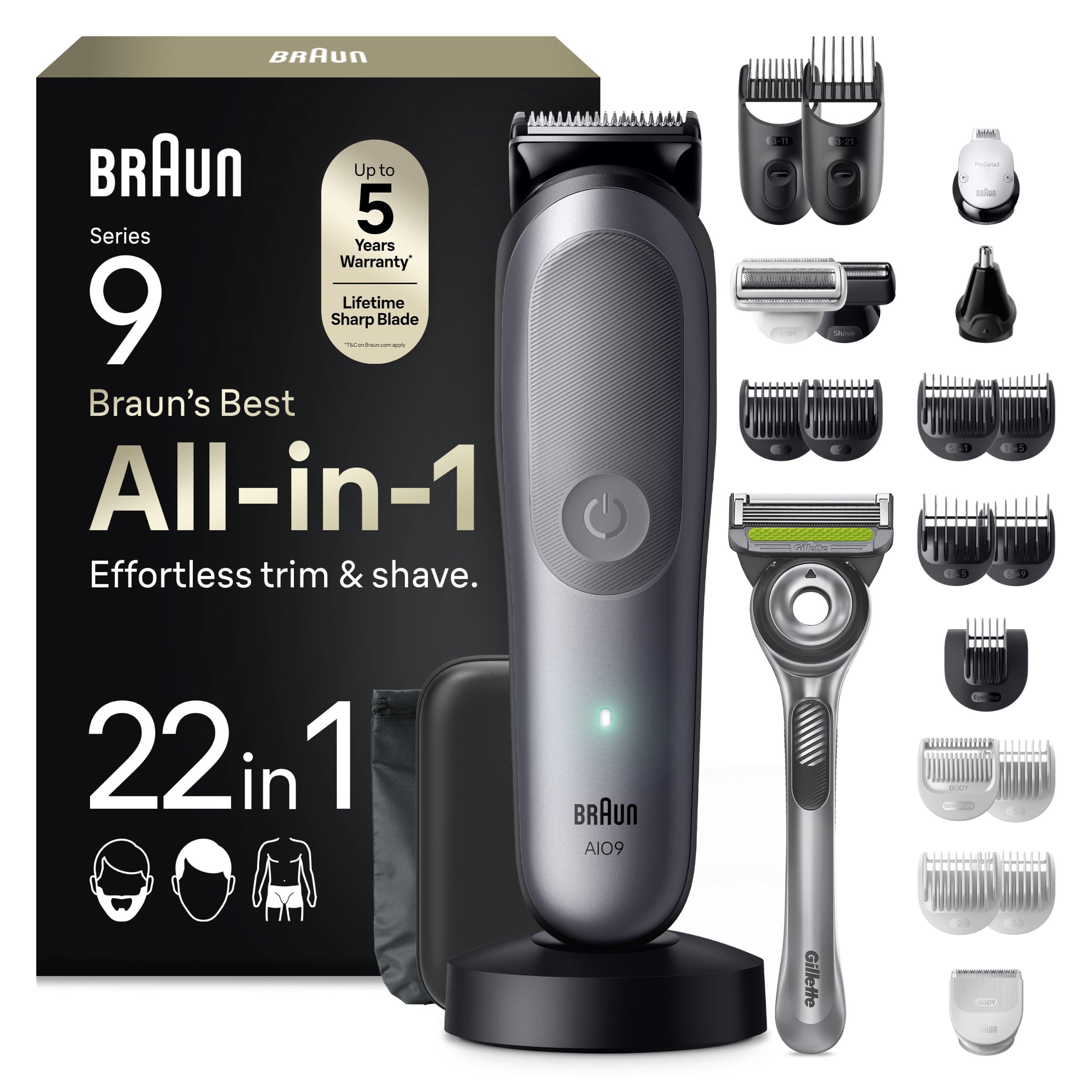 Braun Rasoio Elettrico Barba e Capelli Serie 9, Accessori AIO9545 Grigio | Rifinitore All-in-One 22in1, Rasoio Elettrico Corpo Uomo, Modalità Bodygentle, Peli Naso, Impermeabile Ricaricabile