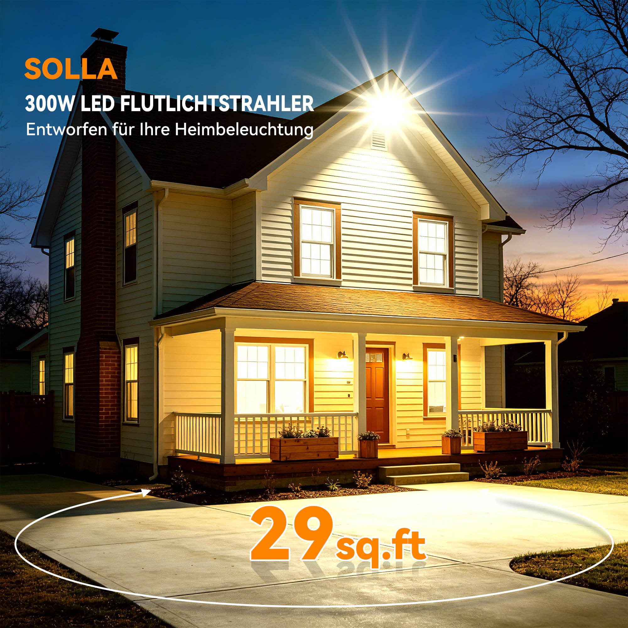 SOLLA 2026Lite Projecteur extérieur LED 300 W 30 000 lm haute performance, blanc lumière du jour 3000 K, étanche IP65, 3 têtes réglables, lumière de sécurité extérieure pour cour, parking, terrain de