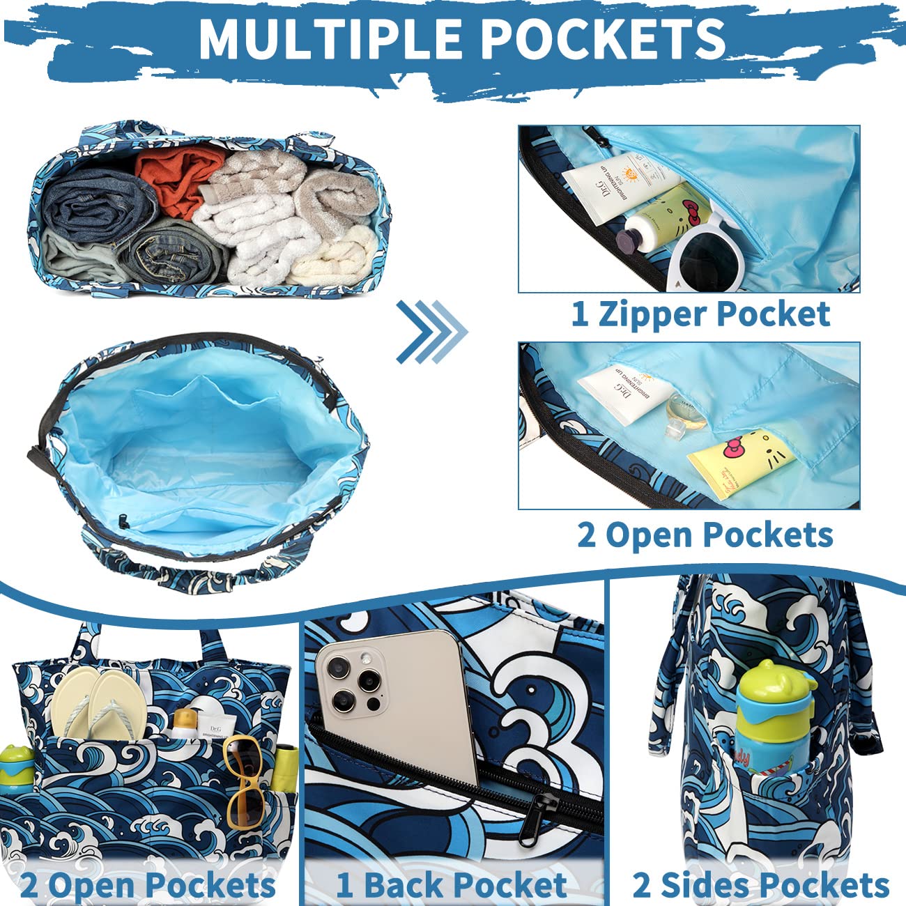 Sac de Plage Femme, 22,7L Poches Multiples Grand Sac Cabas Zippé Femme d'Été Pliable Résistant à l'Eau Sac de Piscine Tote Bag pour Voyage Vacances Achats Vague de Mer