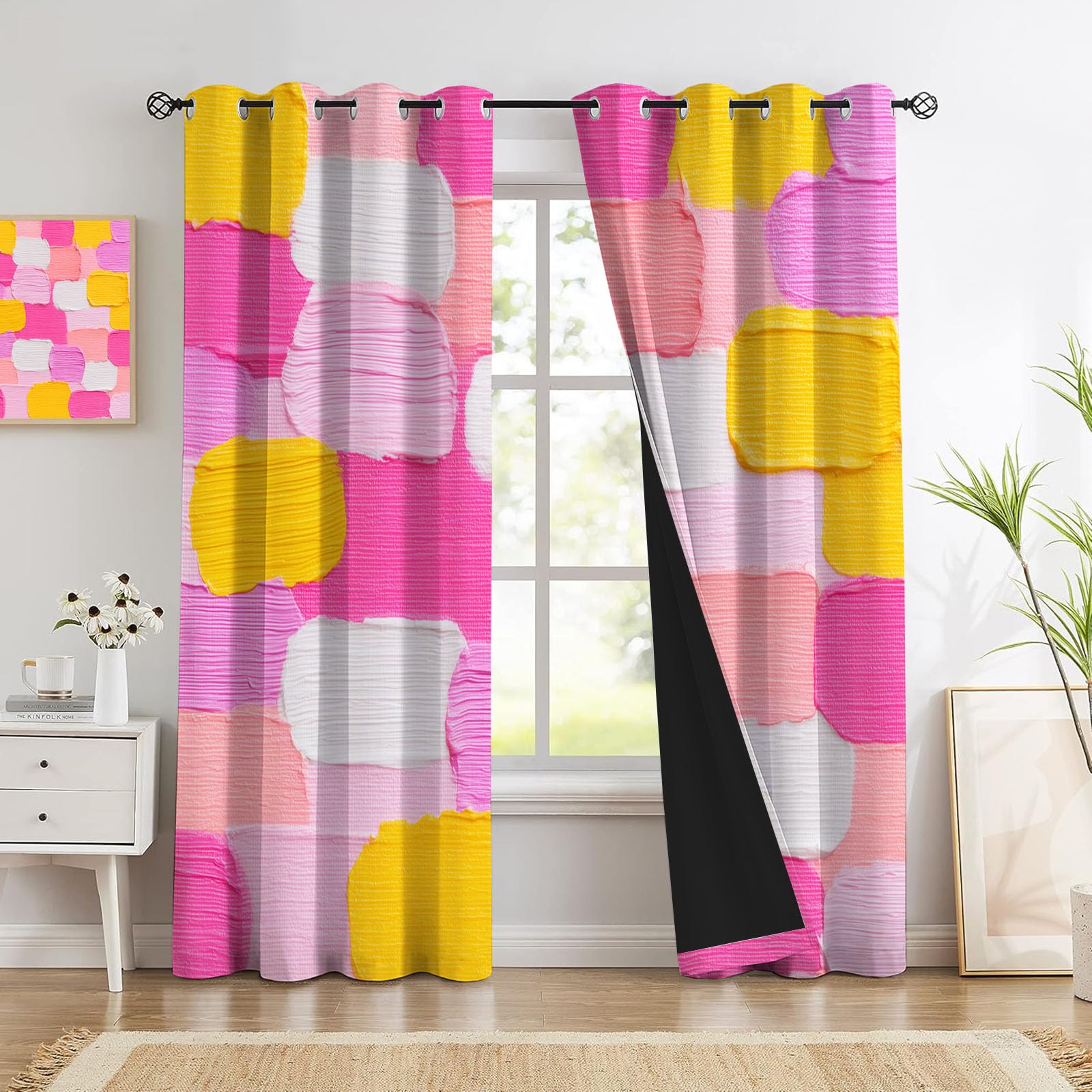 Rideau Occultant Texture Peinture l'huile Romantique, Lot De 2 Rideaux Occultant Thermique Isolant À Oeillets, Graffiti Abstrait Poudre Blush, Draperies Decoration Chambre Salon Fenetre, 110X215 Cm