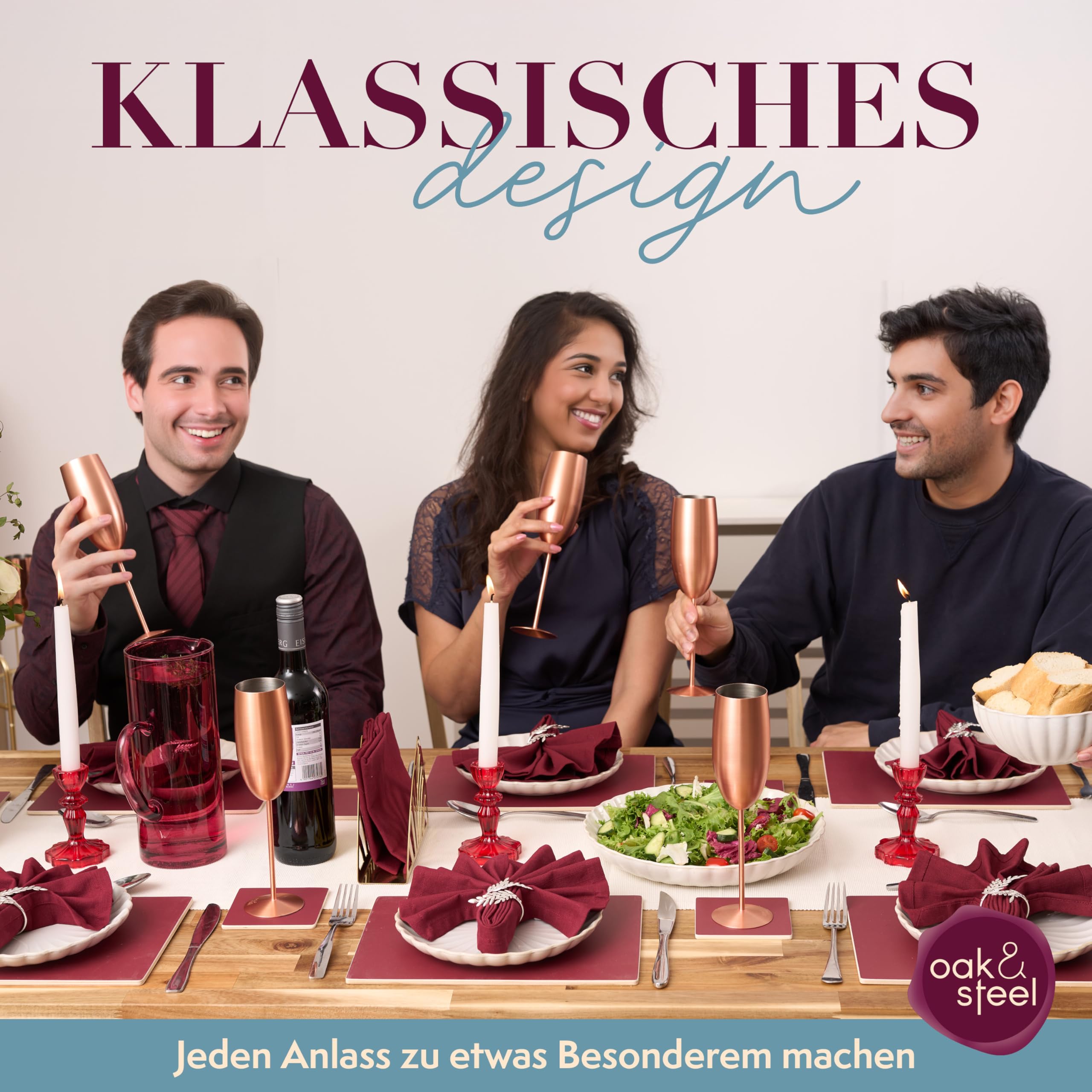 Oak & Steel - 4 Edelstahl Sektgläser (285ml), Champagner & Prosecco Gläser - Matte Roségold/Kupfer - Robust & Unzerbrechlich - Geschenkset für Geburtstage & Weihnachten