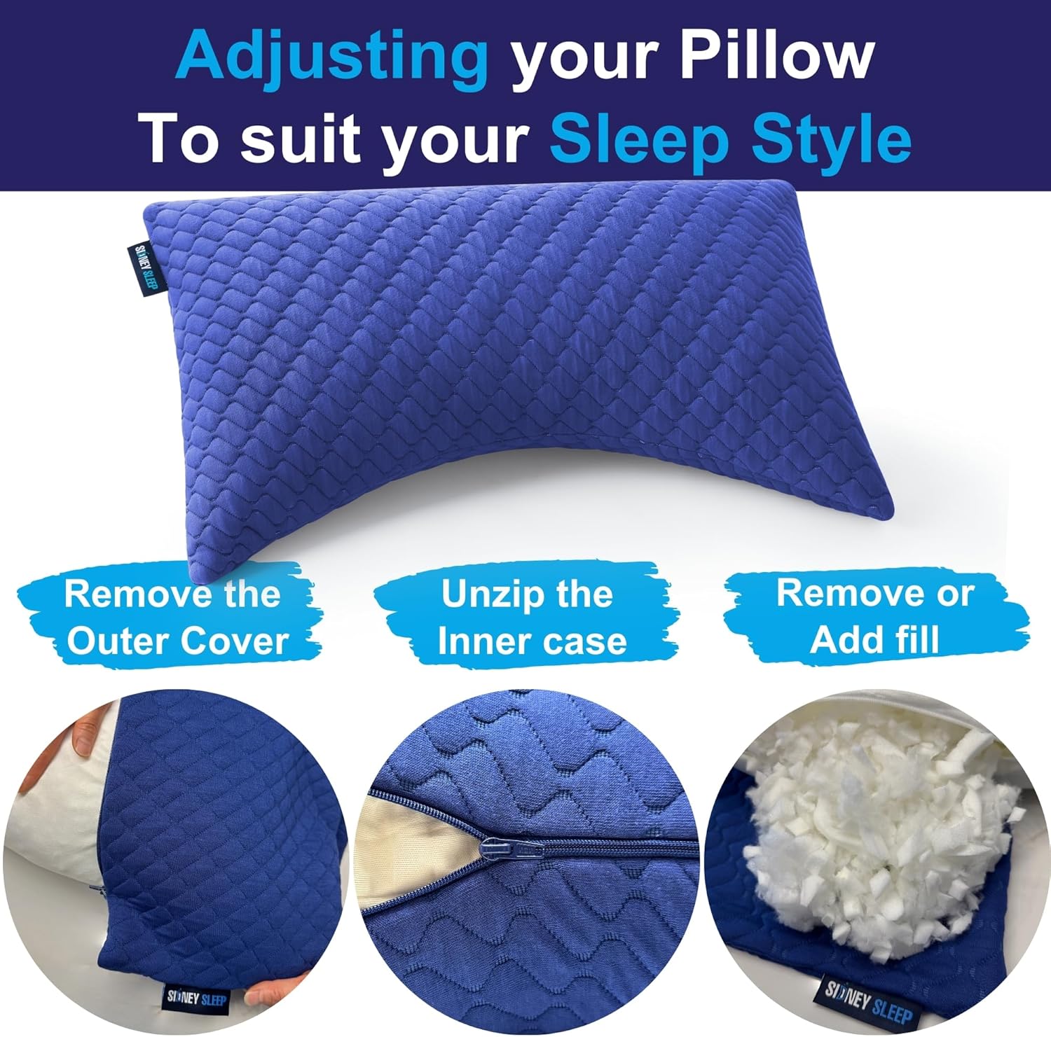 Sidney Sleep Pillow for Side and Back Sleepers - Comfort for Neck and Shoulder Pain - Adjustable and Customizable Shredded Memory Foam Filling - Queen Size - Additional Foam Fill Included (Blue) - Image 3