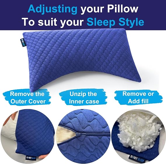 Sidney Sleep Pillow for Side and Back Sleepers - Comfort for Neck and Shoulder Pain - Adjustable and Customizable Shredded Memory Foam Filling - King Size - Extra Foam Fill Included (Blue, King)